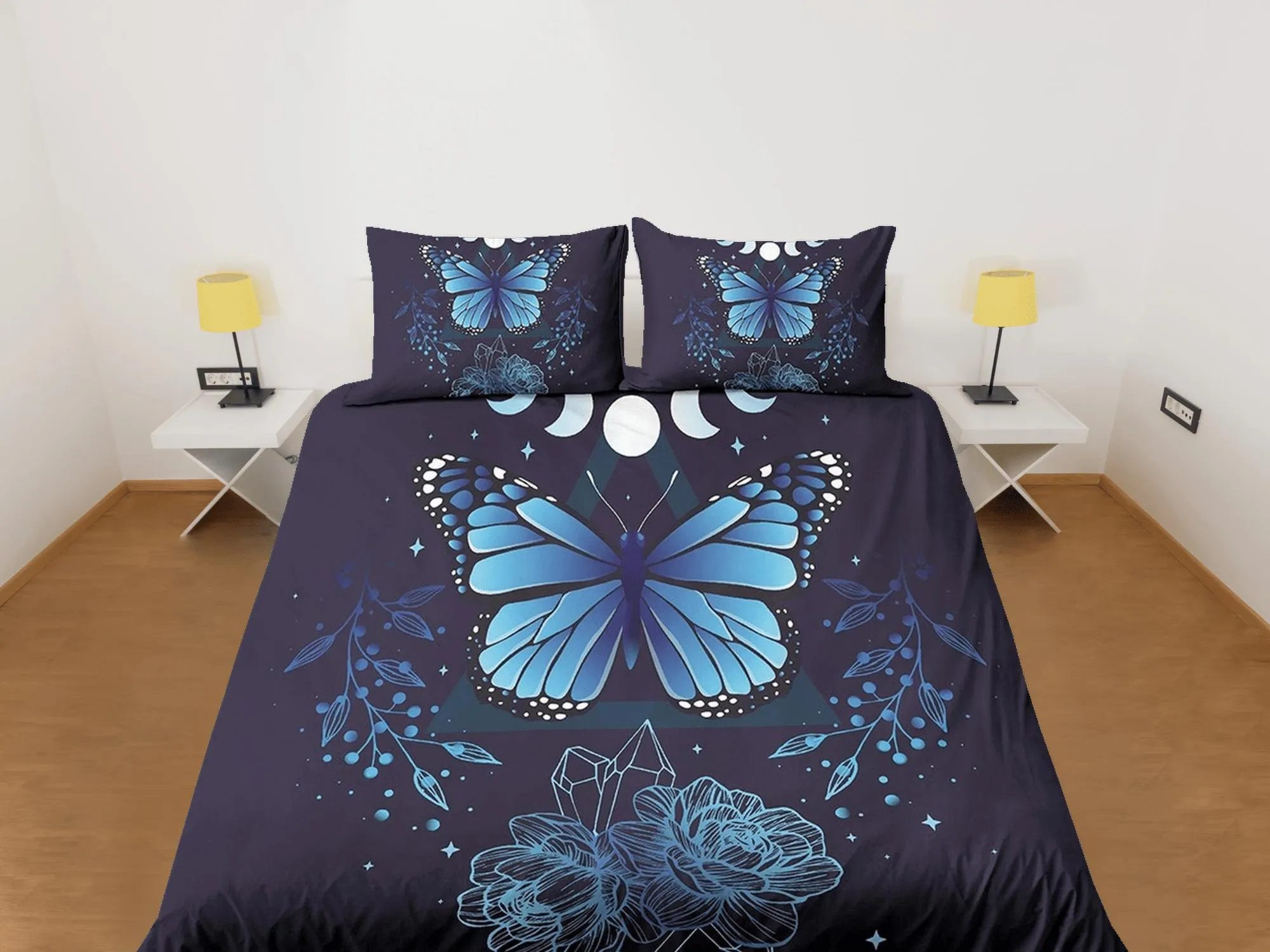 Blue monarch butterfly celestial bedding, witchy dorm bedding, aesthetic duvet cover set, boho bedding set full king queen, astrology gothic