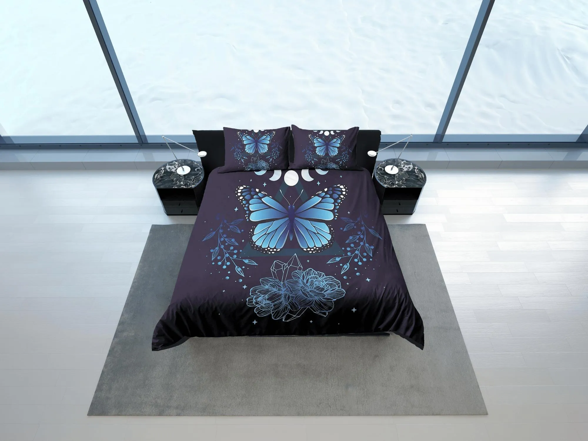 Blue monarch butterfly celestial bedding, witchy dorm bedding, aesthetic duvet cover set, boho bedding set full king queen, astrology gothic