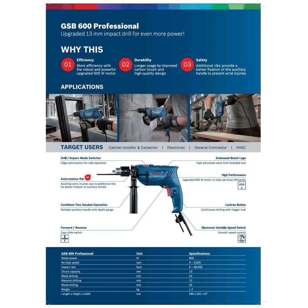 Bosch GSB 600 Impact Drill / Hammer Drill 13mm (1/2") 600W [Contractor's Choice]