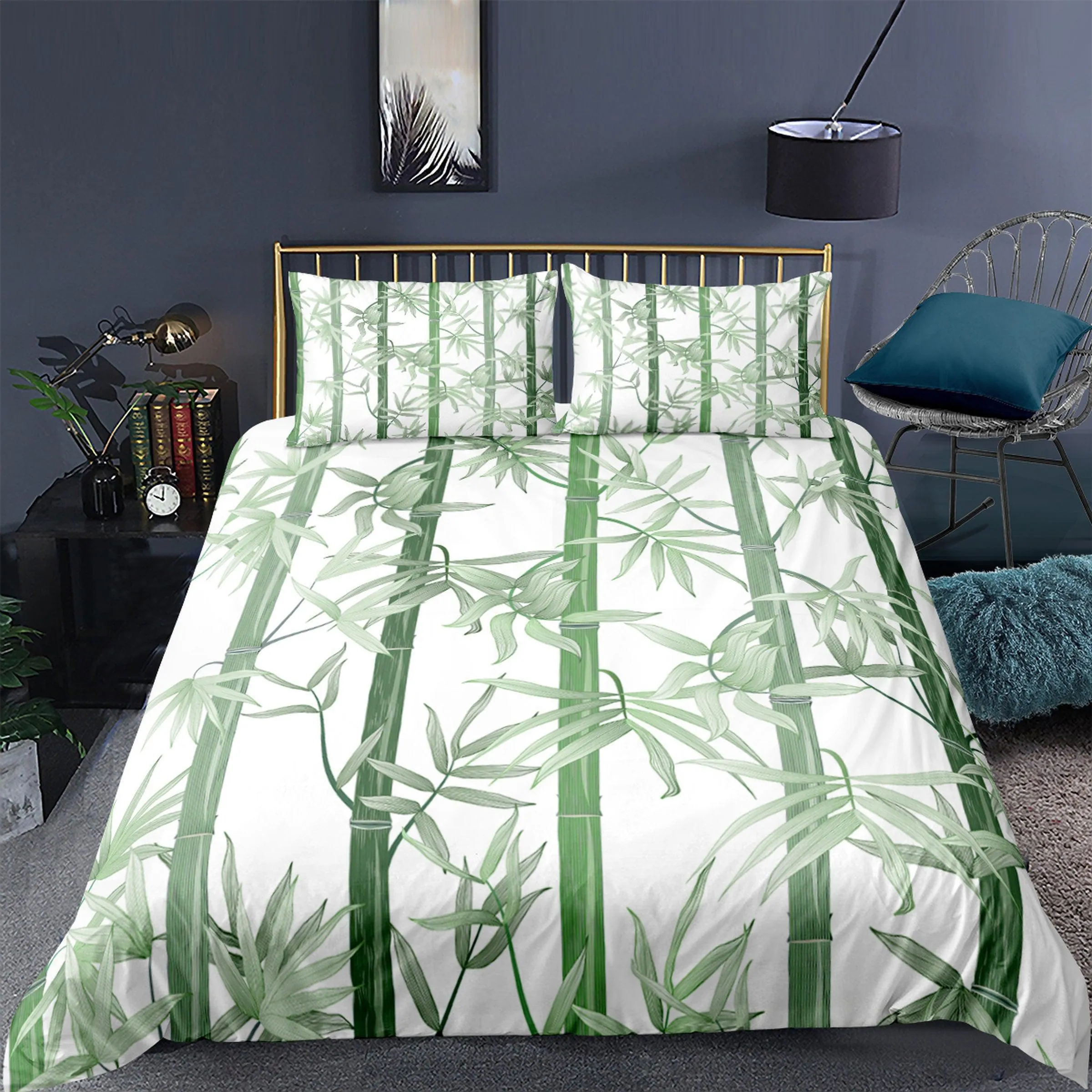 Botanical Duvet Cover Set Lucky Bamboo, White Bedspread Dorm Bedding Set