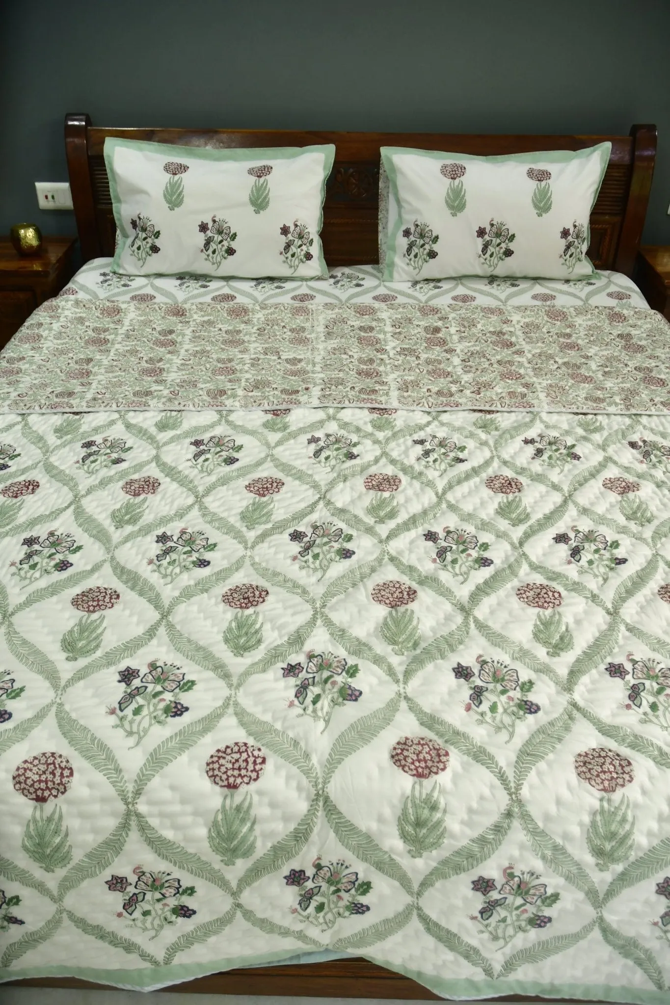 Butterfly and Floral Premium HandBlock Quilt Bedding Set