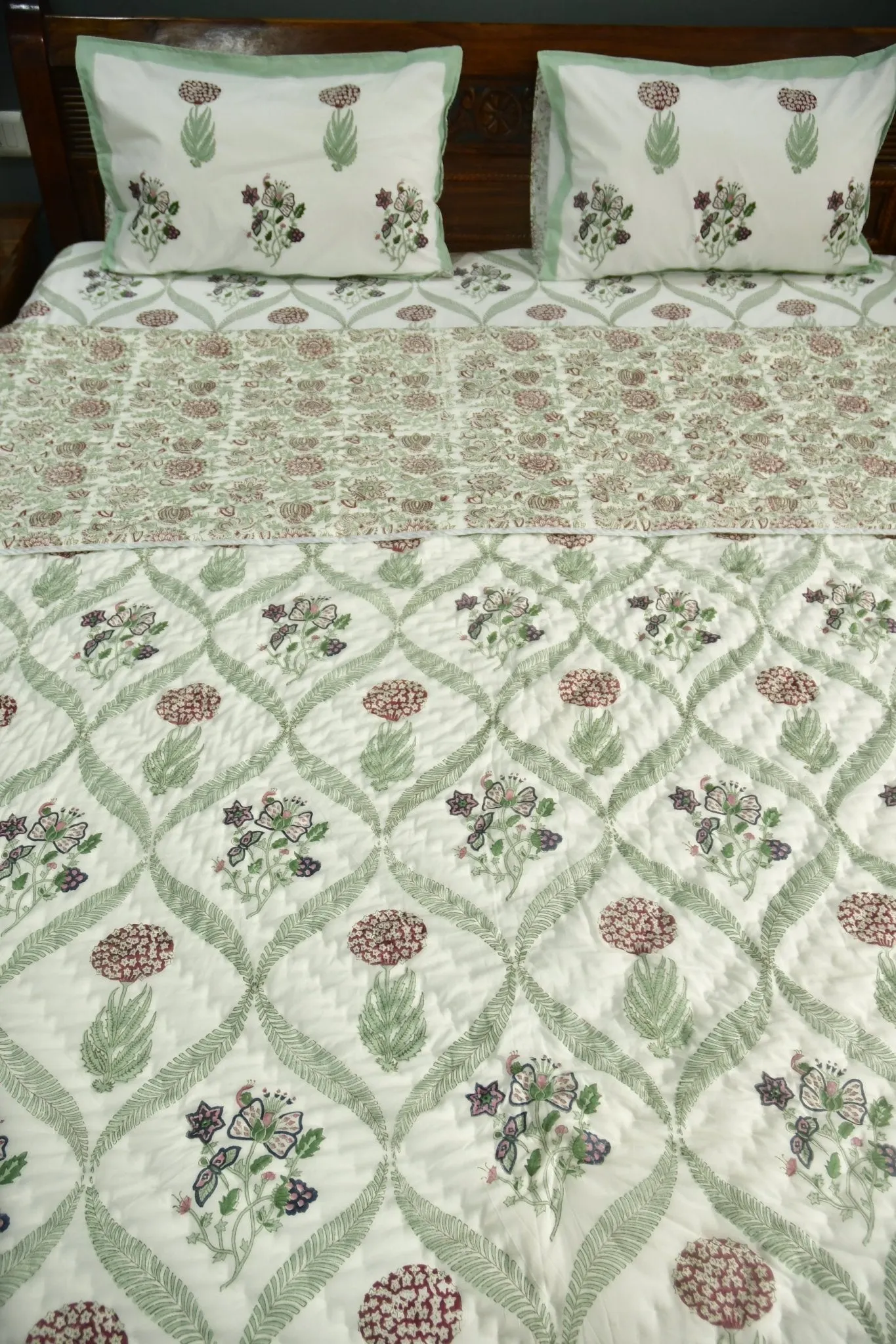 Butterfly and Floral Premium HandBlock Quilt Bedding Set