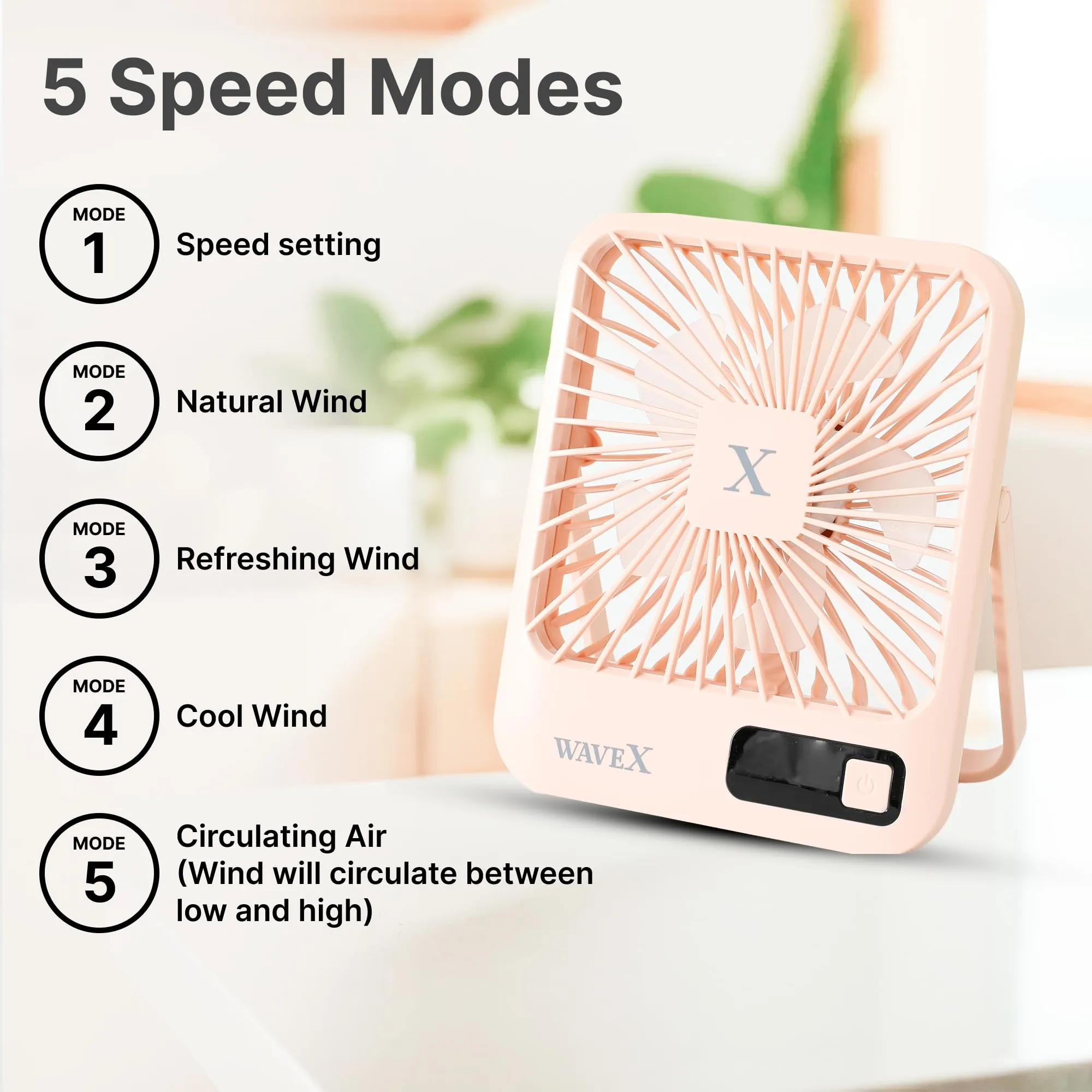 Candes Digital Portable Mini Fan | Rechargeable USB Fan with 5 Speeds | Portable Fan for Office Home Travel | 4-6 Hours Running 2000mAh Battery | Small Fan with 180° Tilt Angle | 1 Yr warranty | Pink