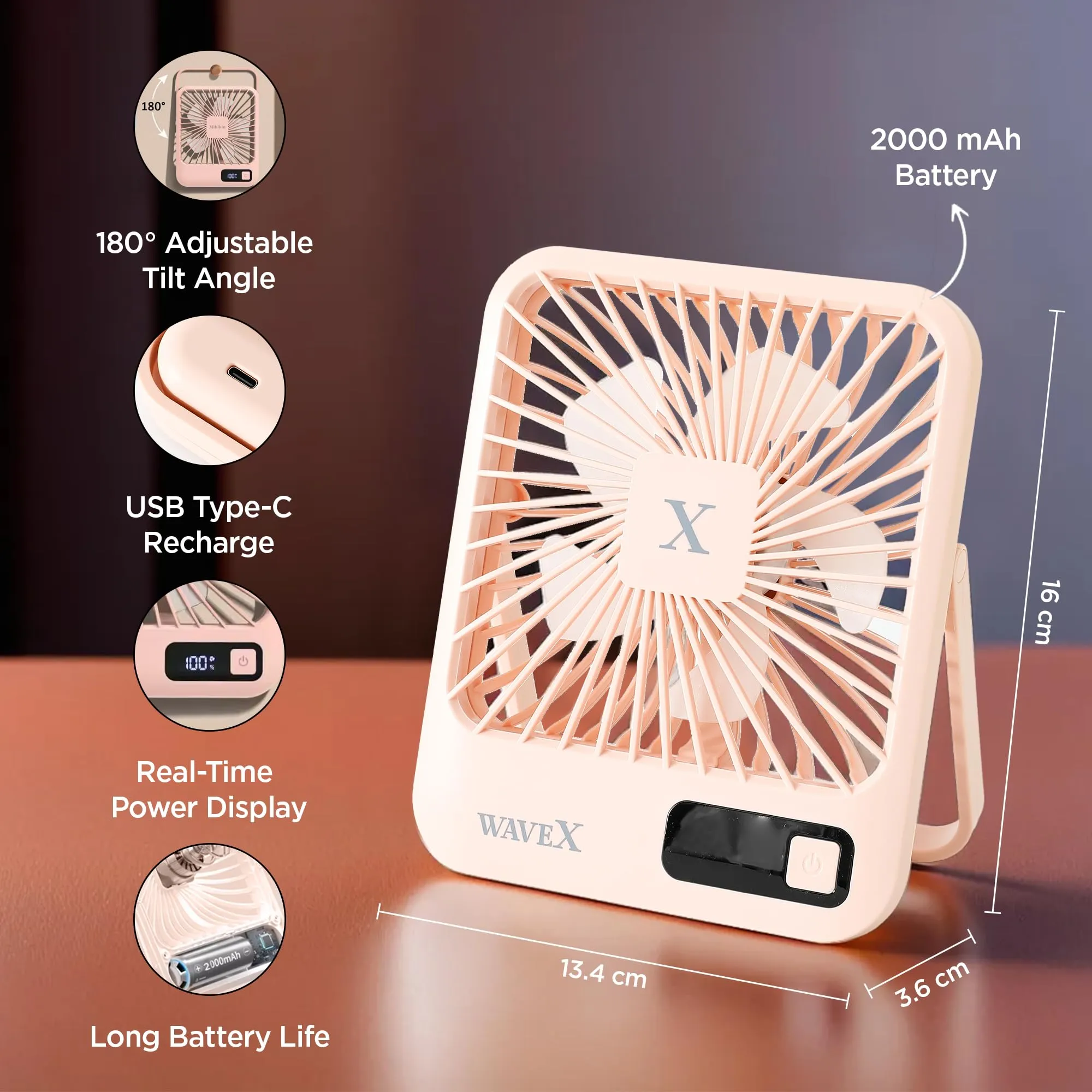 Candes Digital Portable Mini Fan | Rechargeable USB Fan with 5 Speeds | Portable Fan for Office Home Travel | 4-6 Hours Running 2000mAh Battery | Small Fan with 180° Tilt Angle | 1 Yr warranty | Pink