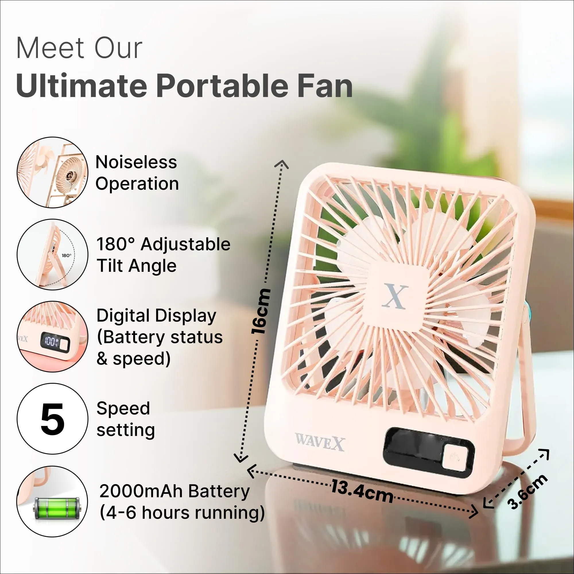 Candes Digital Portable Mini Fan | Rechargeable USB Fan with 5 Speeds | Portable Fan for Office Home Travel | 4-6 Hours Running 2000mAh Battery | Small Fan with 180° Tilt Angle | 1 Yr warranty | Pink