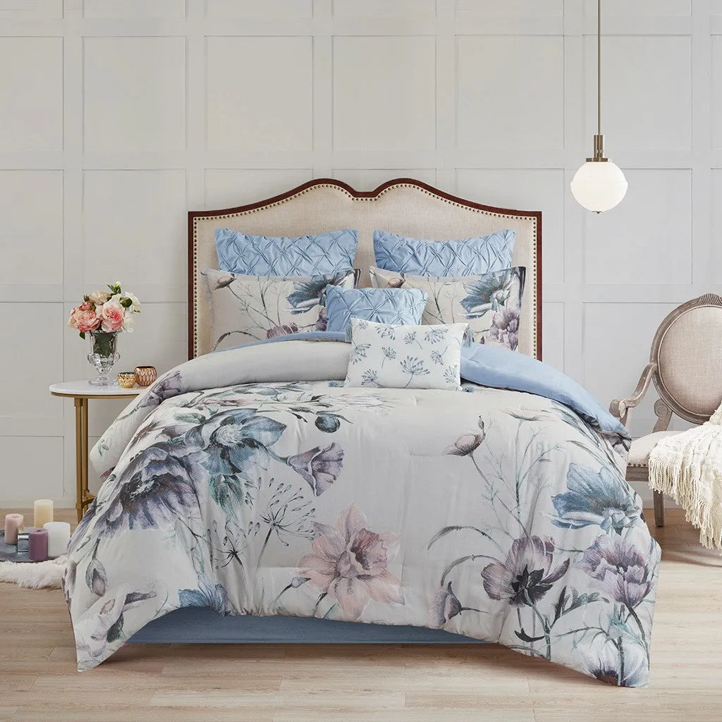 Cassandra 8 Piece Cotton Printed Comforter Set - Blue