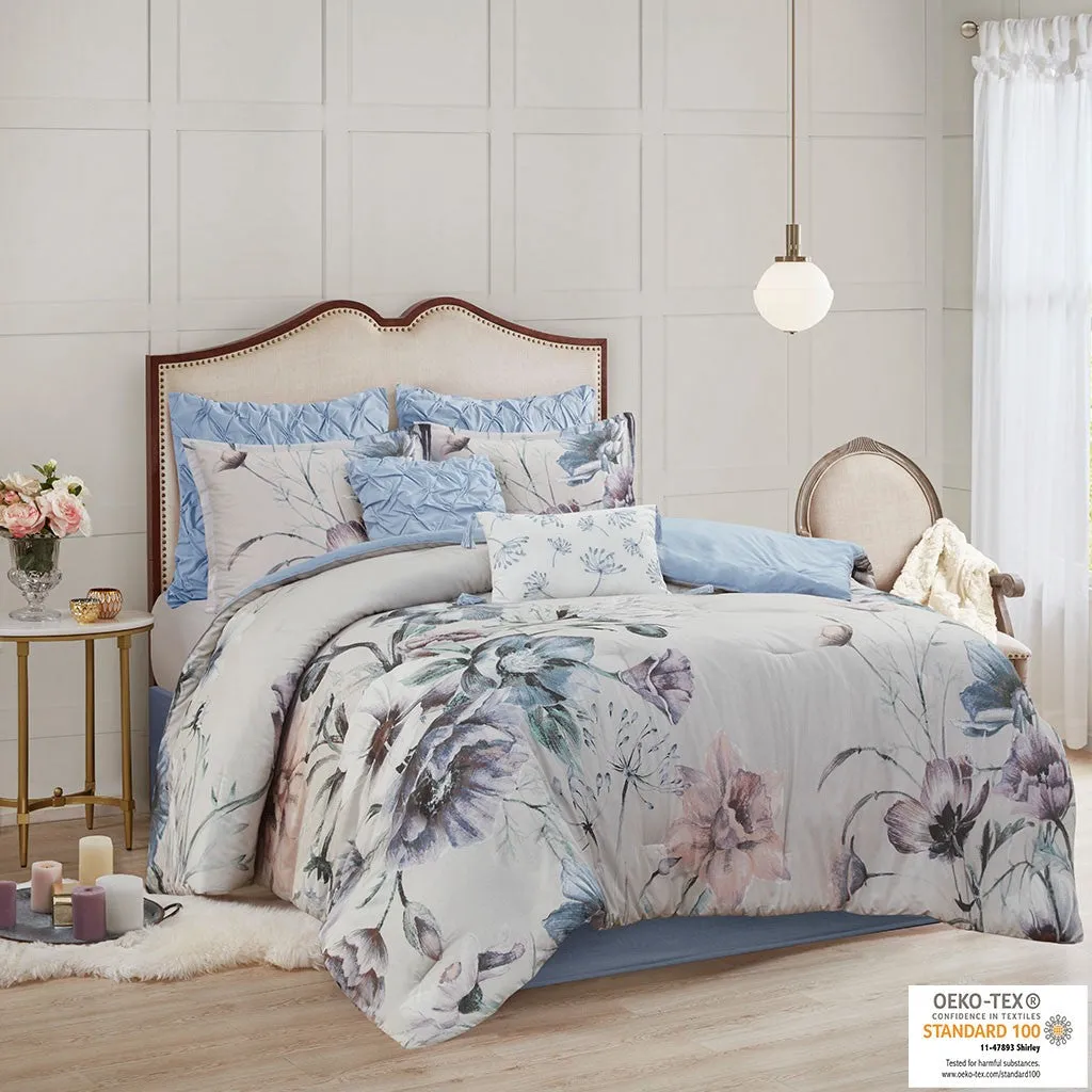 Cassandra 8 Piece Cotton Printed Comforter Set - Blue