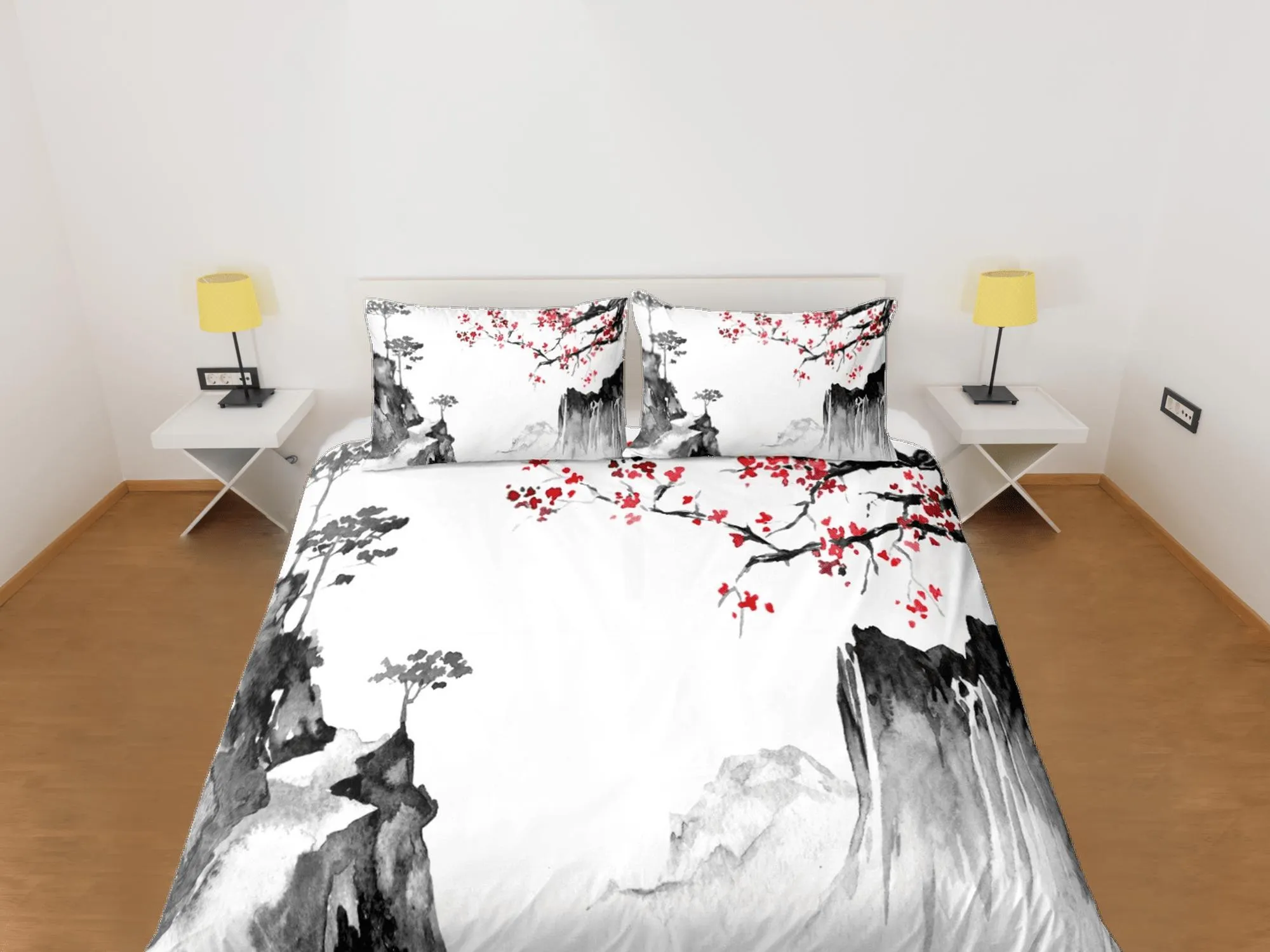 Cherry blossom oriental painting bedding floral prints duvet cover queen, king, boho bedding designer bedspread full size bedding aesthetic