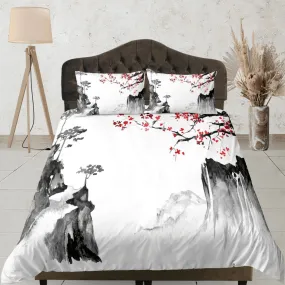 Cherry blossom oriental painting bedding floral prints duvet cover queen, king, boho bedding designer bedspread full size bedding aesthetic