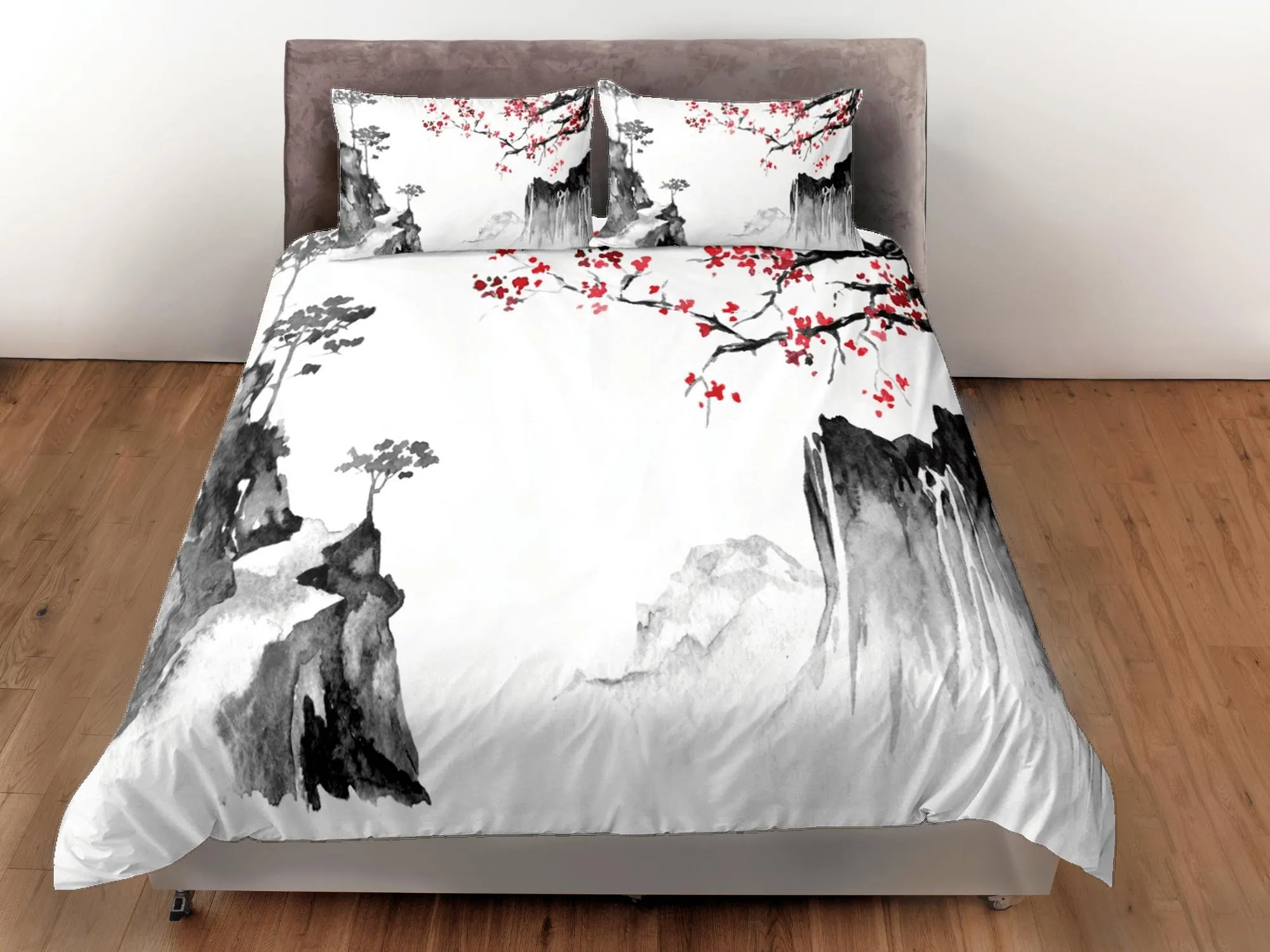 Cherry blossom oriental painting bedding floral prints duvet cover queen, king, boho bedding designer bedspread full size bedding aesthetic