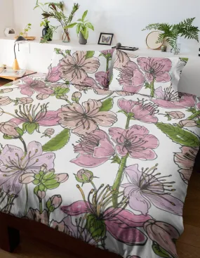 Cherry Blossoms White Duvet Cover Set | Floral Bedding Set with Pillow Cover Case