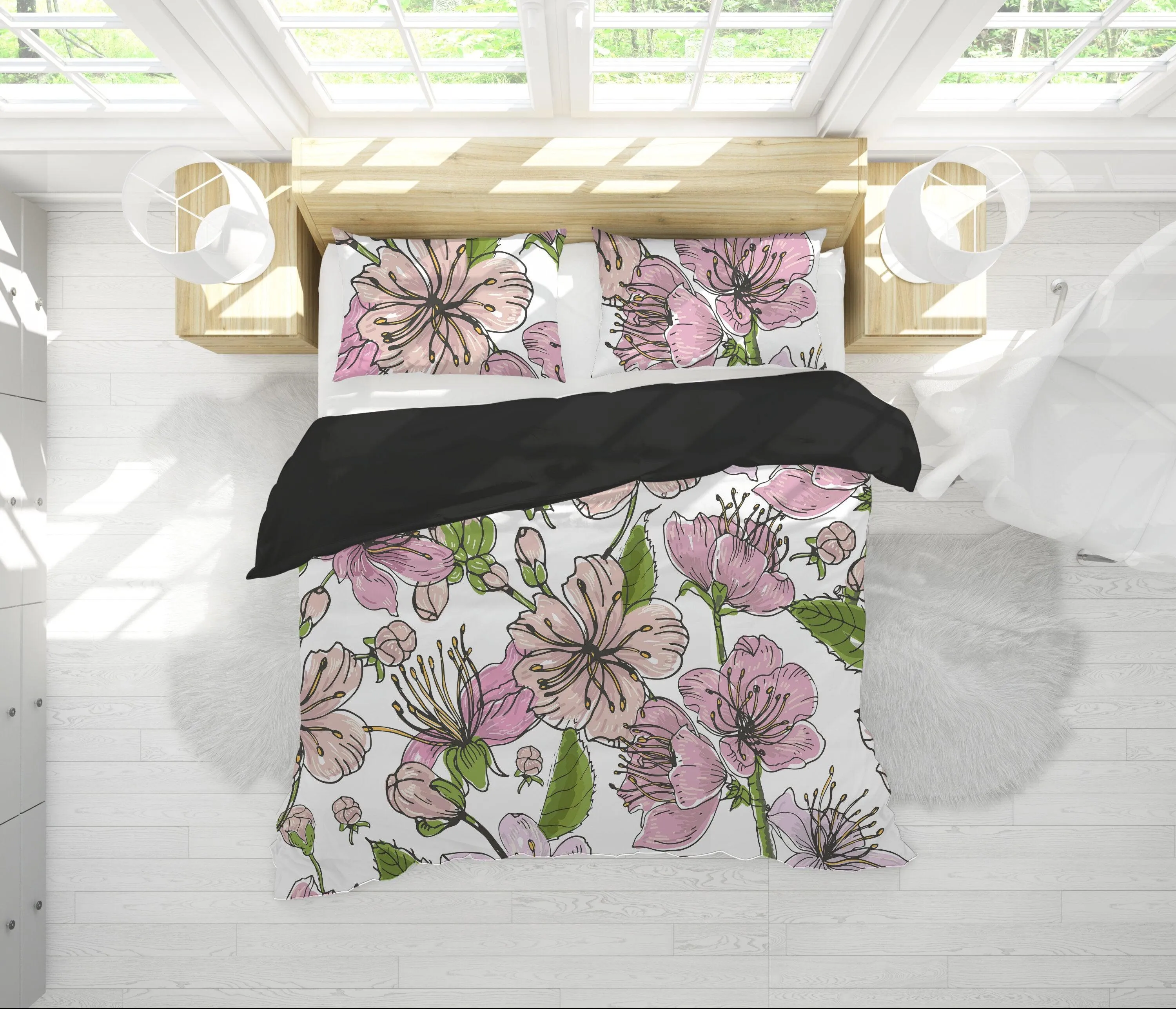 Cherry Blossoms White Duvet Cover Set | Floral Bedding Set with Pillow Cover Case