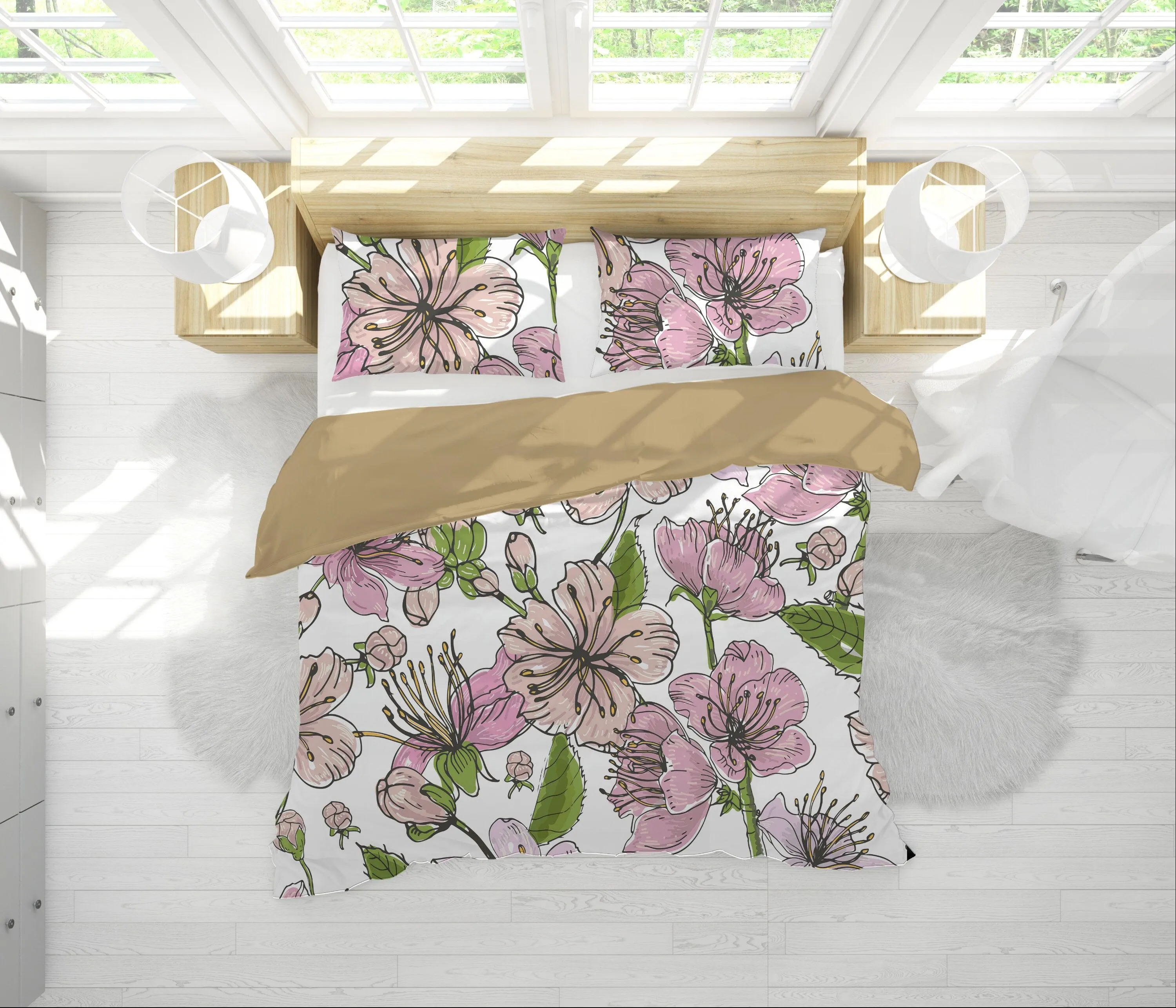 Cherry Blossoms White Duvet Cover Set | Floral Bedding Set with Pillow Cover Case