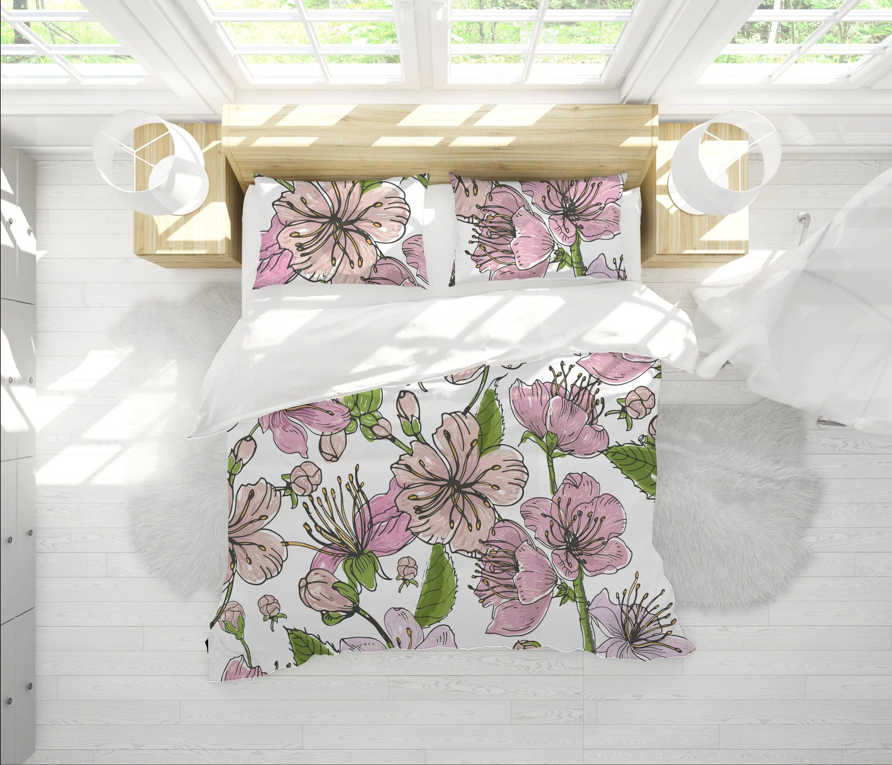 Cherry Blossoms White Duvet Cover Set | Floral Bedding Set with Pillow Cover Case