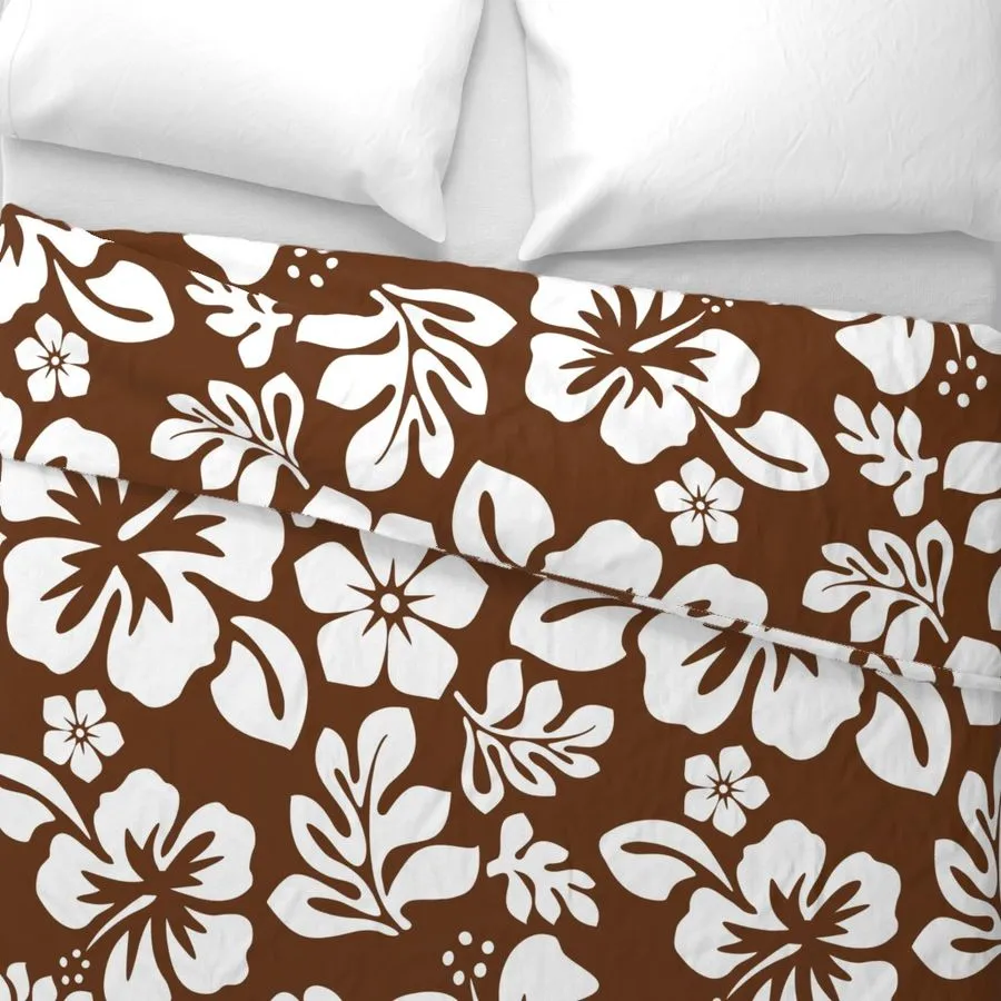 Chocolate Brown and White Hibiscus and Hawaiian Flowers Duvet Cover -Medium Scale