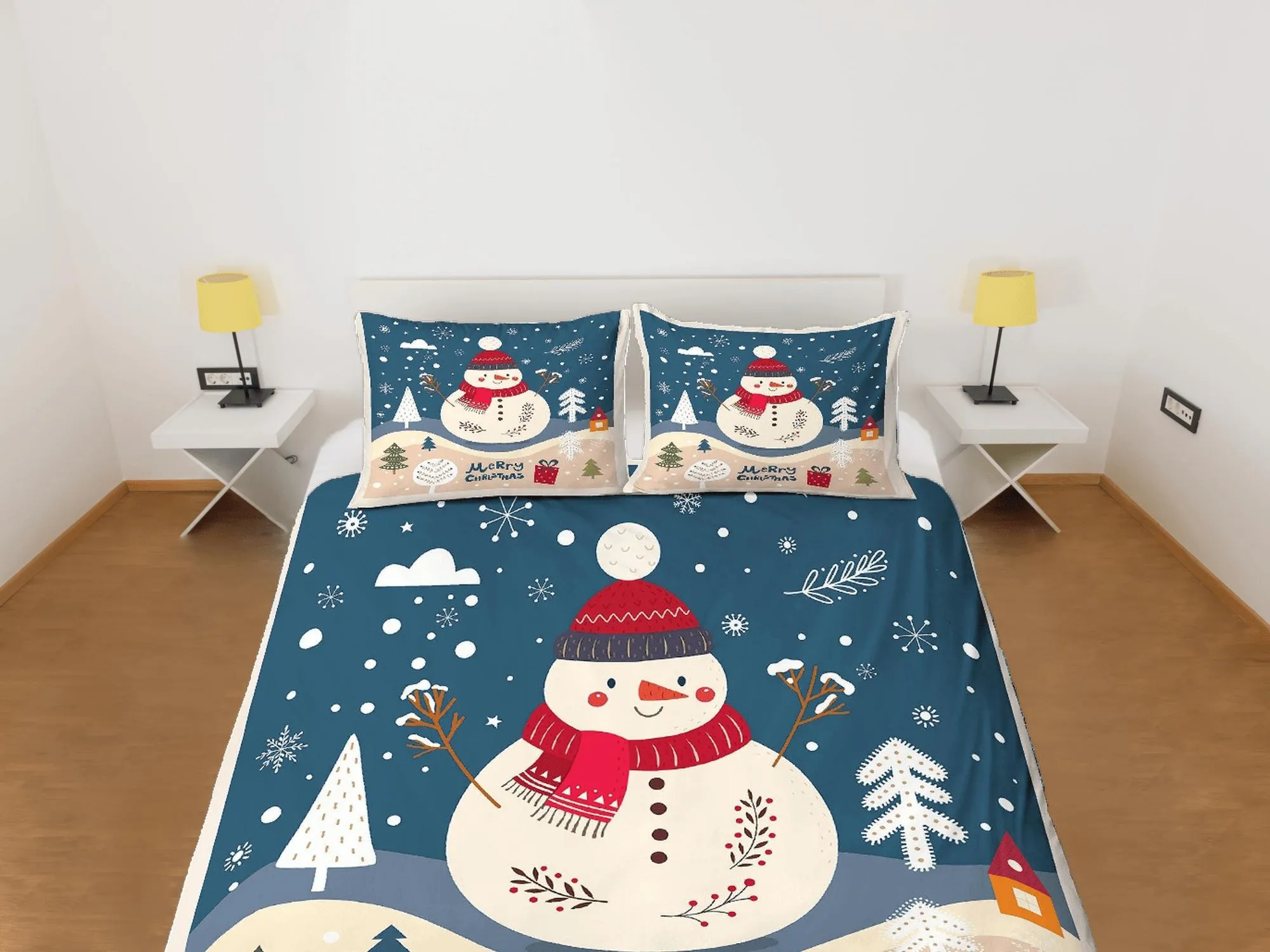 Christmas Duvet Cover Set with Pillows Snow Man Winter Dorm Bedding Comforter Cover Christmas Gift