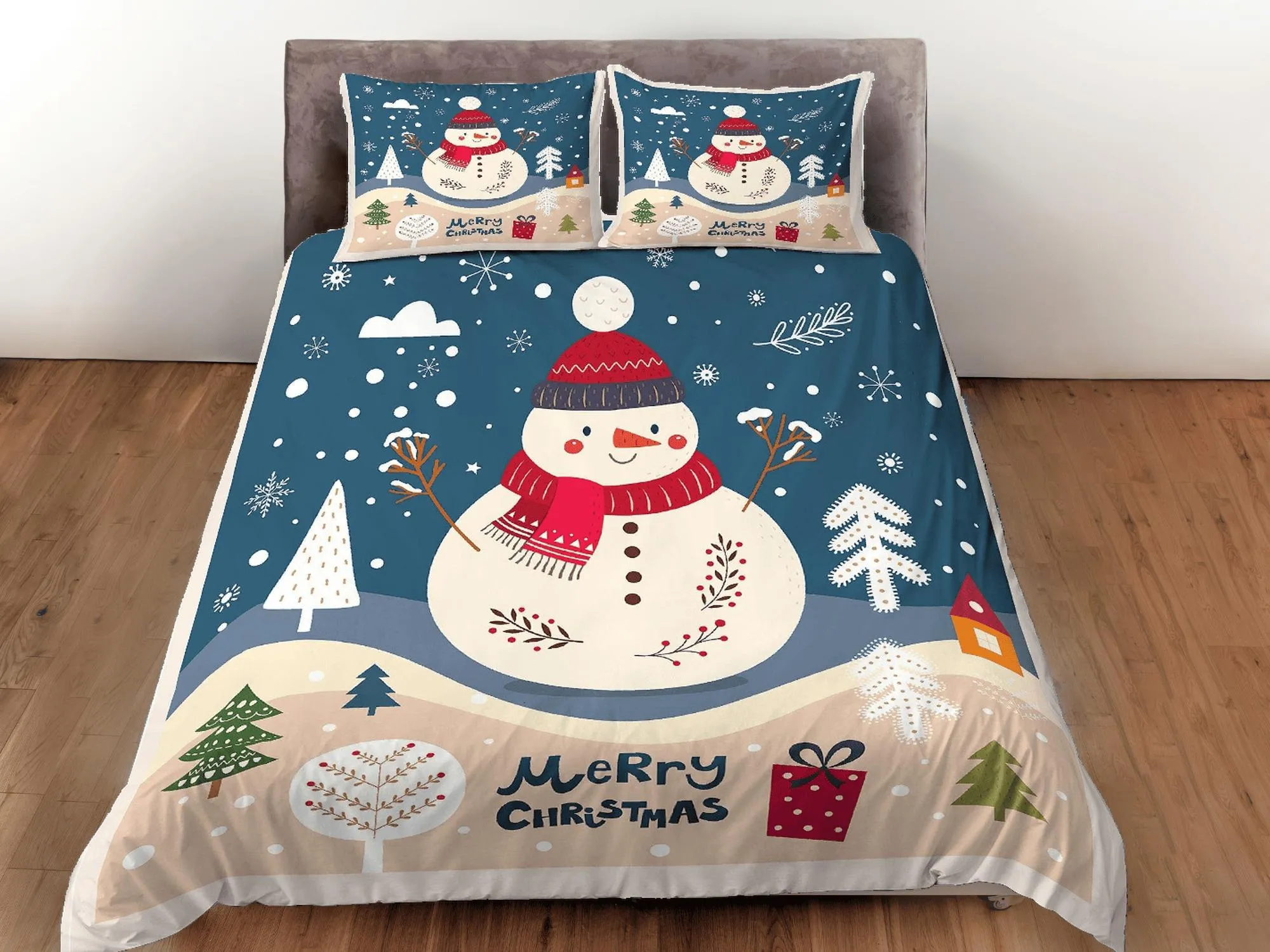 Christmas Duvet Cover Set with Pillows Snow Man Winter Dorm Bedding Comforter Cover Christmas Gift