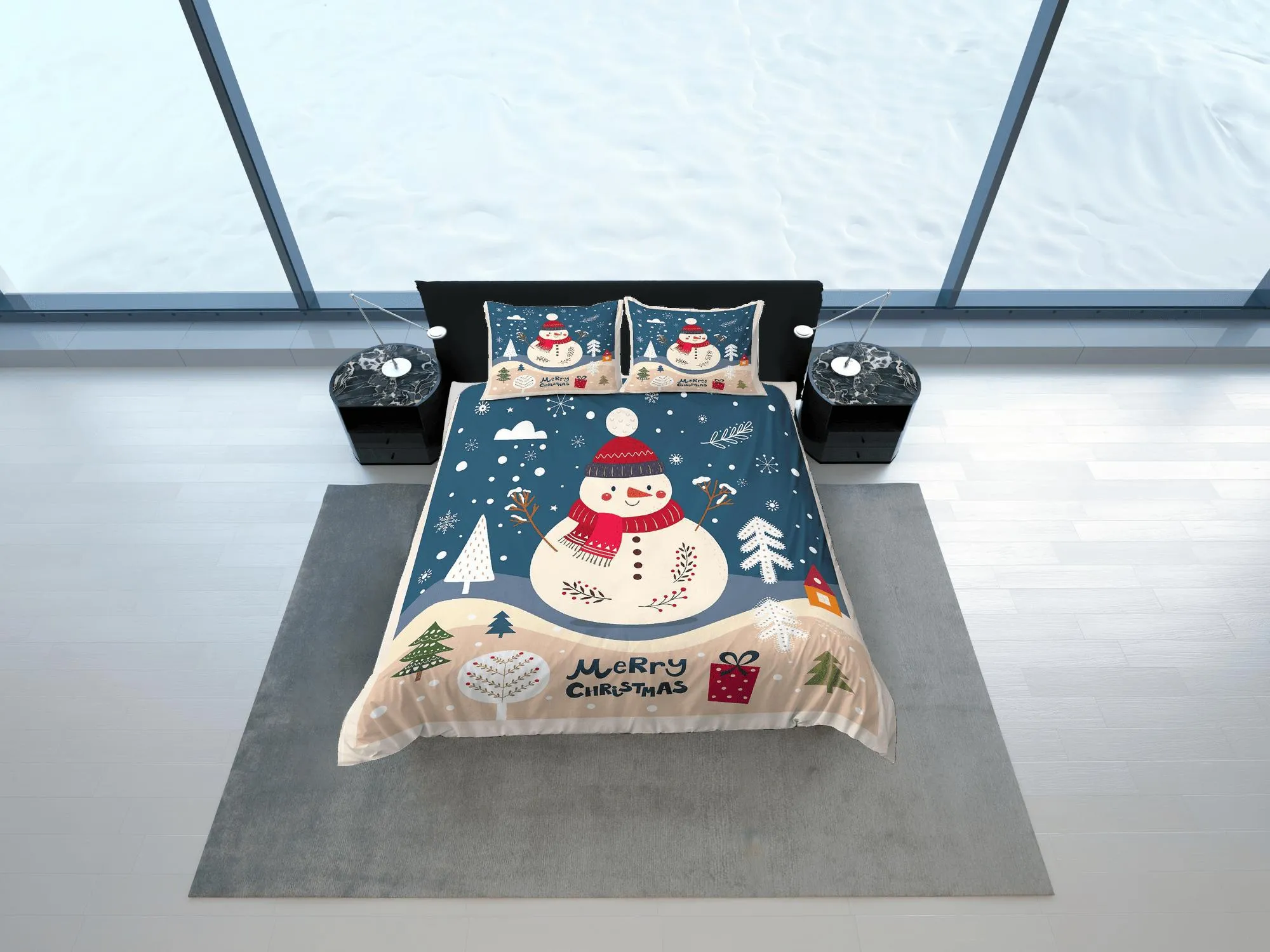 Christmas Duvet Cover Set with Pillows Snow Man Winter Dorm Bedding Comforter Cover Christmas Gift