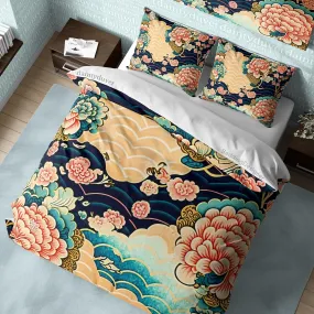 Chrysanthemum Duvet Cover Oriental Pattern Quilt Cover, Japanese Pattern Bedding Set Teens Bedroom Blanket Cover, Colorful Bedspread