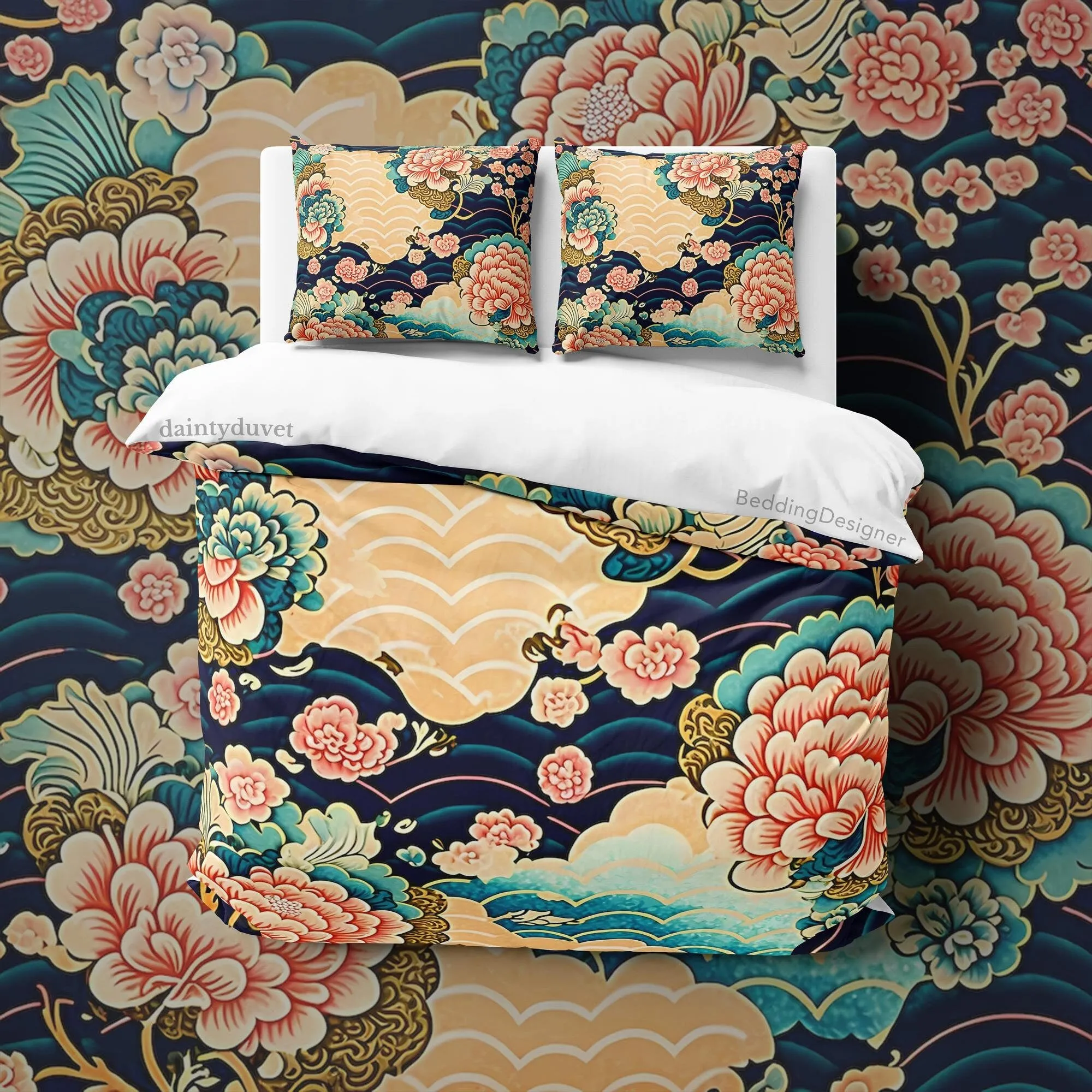 Chrysanthemum Duvet Cover Oriental Pattern Quilt Cover, Japanese Pattern Bedding Set Teens Bedroom Blanket Cover, Colorful Bedspread