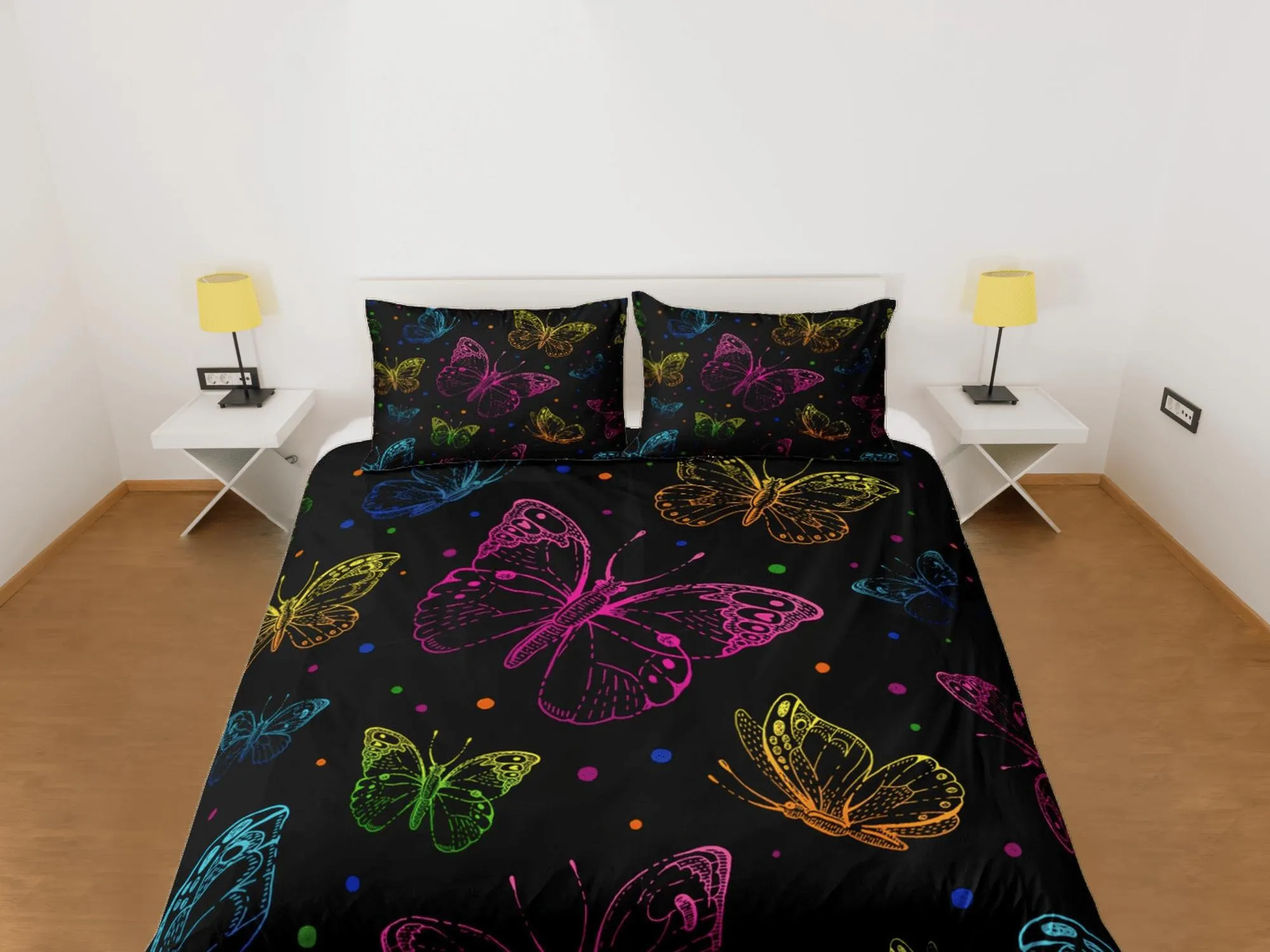 Colorful butterfly bedding boho chic aesthetic black duvet cover, dorm bedding full size adult duvet king queen twin, nursery toddler