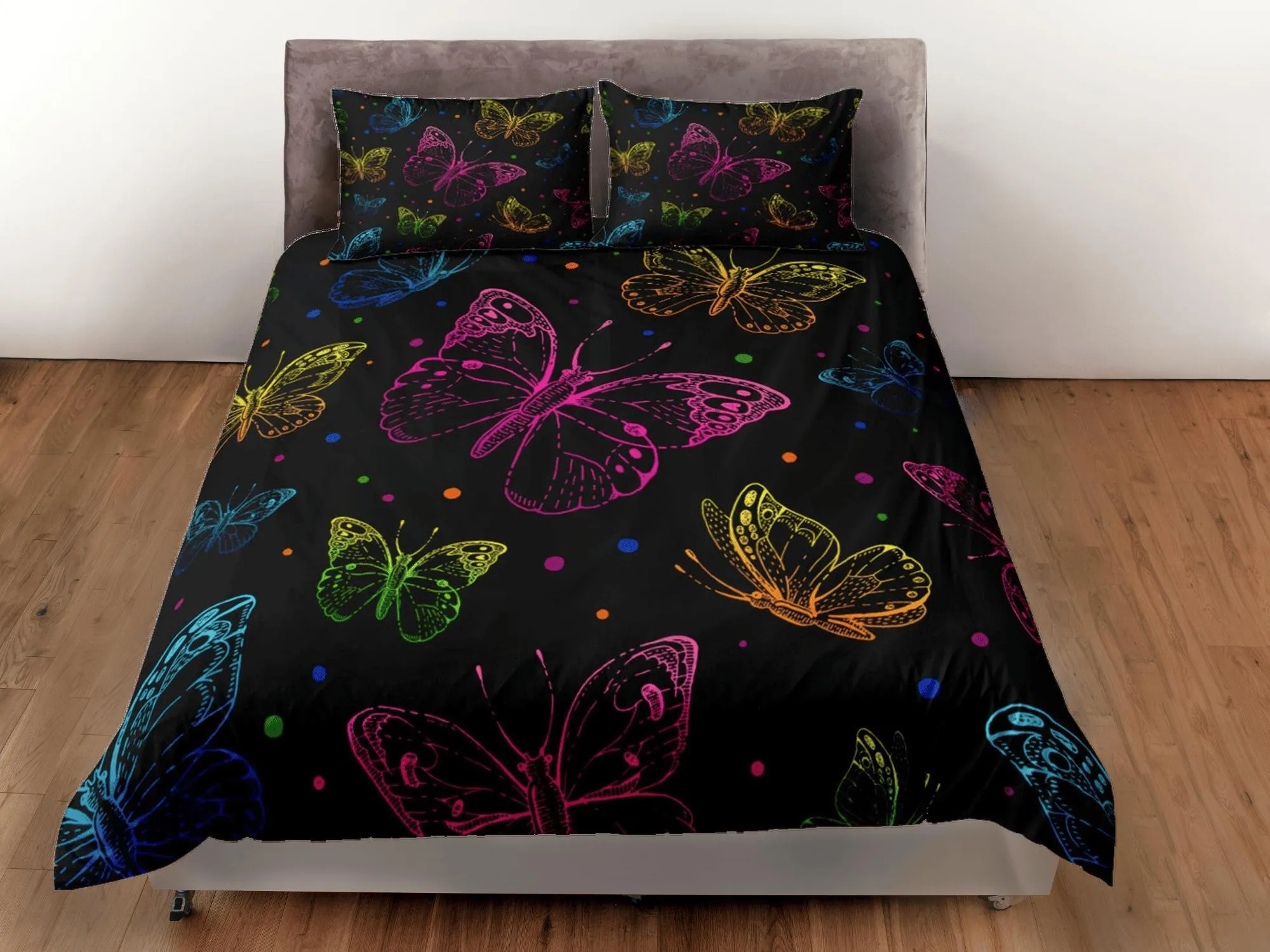 Colorful butterfly bedding boho chic aesthetic black duvet cover, dorm bedding full size adult duvet king queen twin, nursery toddler