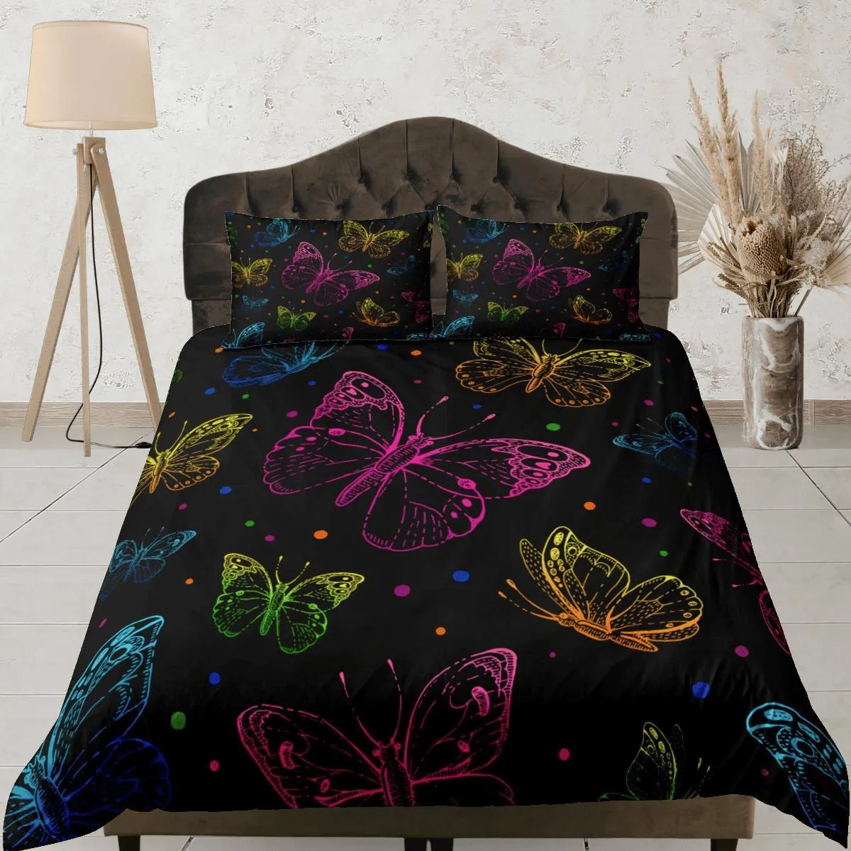 Colorful butterfly bedding boho chic aesthetic black duvet cover, dorm bedding full size adult duvet king queen twin, nursery toddler