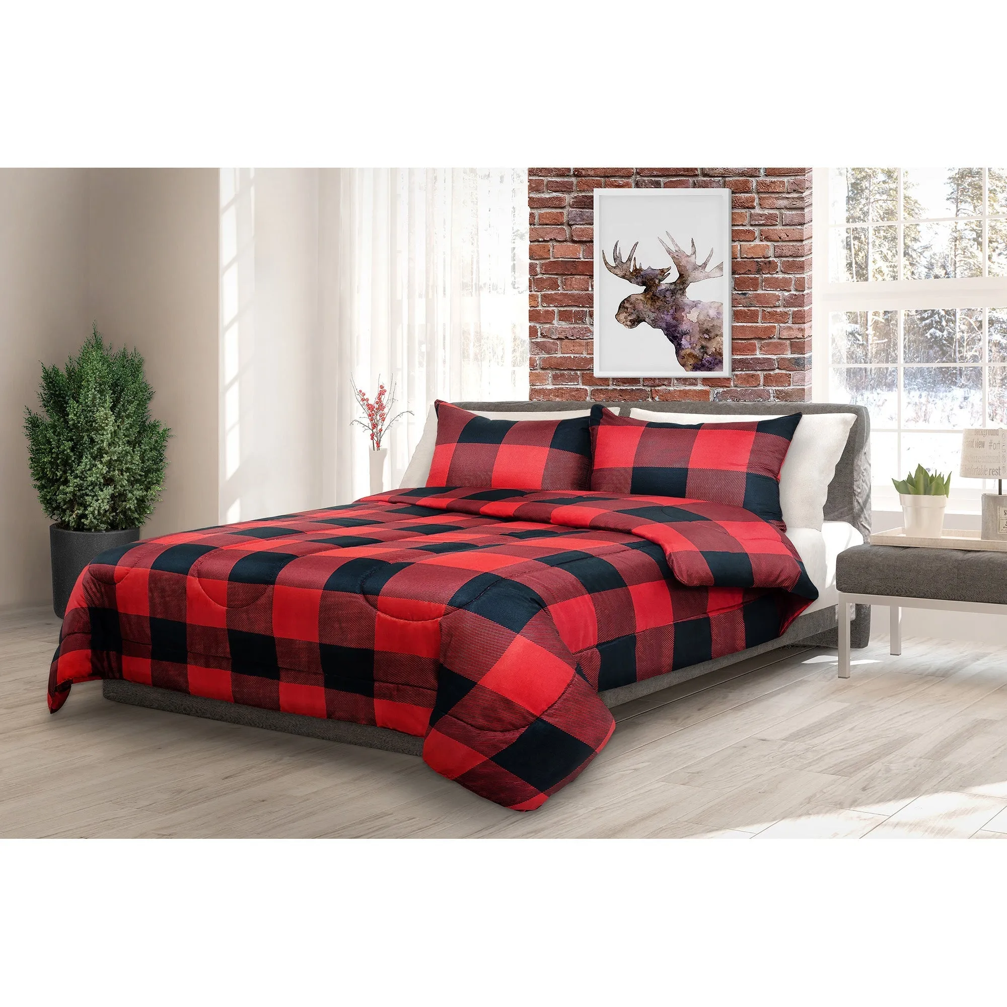 Comforter Bedding Set 3 Piece Buffalo Plaid Red/Black, King