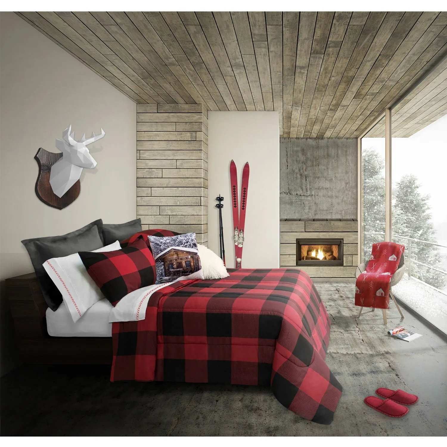 Comforter Bedding Set 3 Piece Reversible Double/Queen Buffalo Plaid Red/Black -Cabin