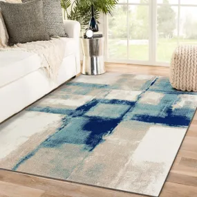 Contemporary Abstract Ivory Blue Area Rug