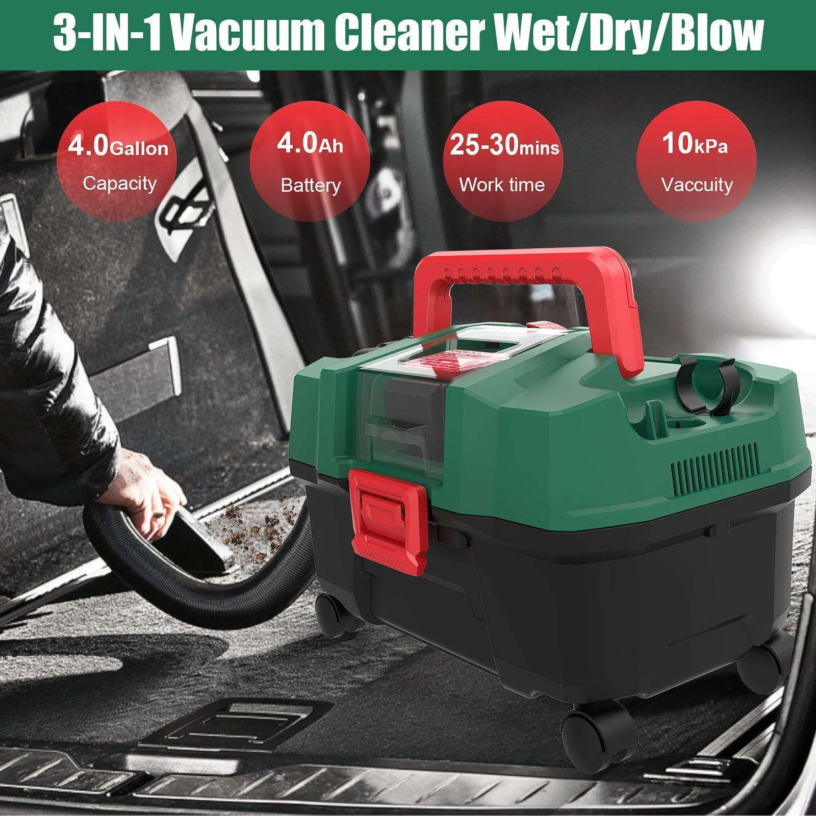 Cordless Shop Vacuum Wet and Dry, 4 Gallon Vacuum Cleaner with Blower, 18V, 4.0Ah Battery and Charger