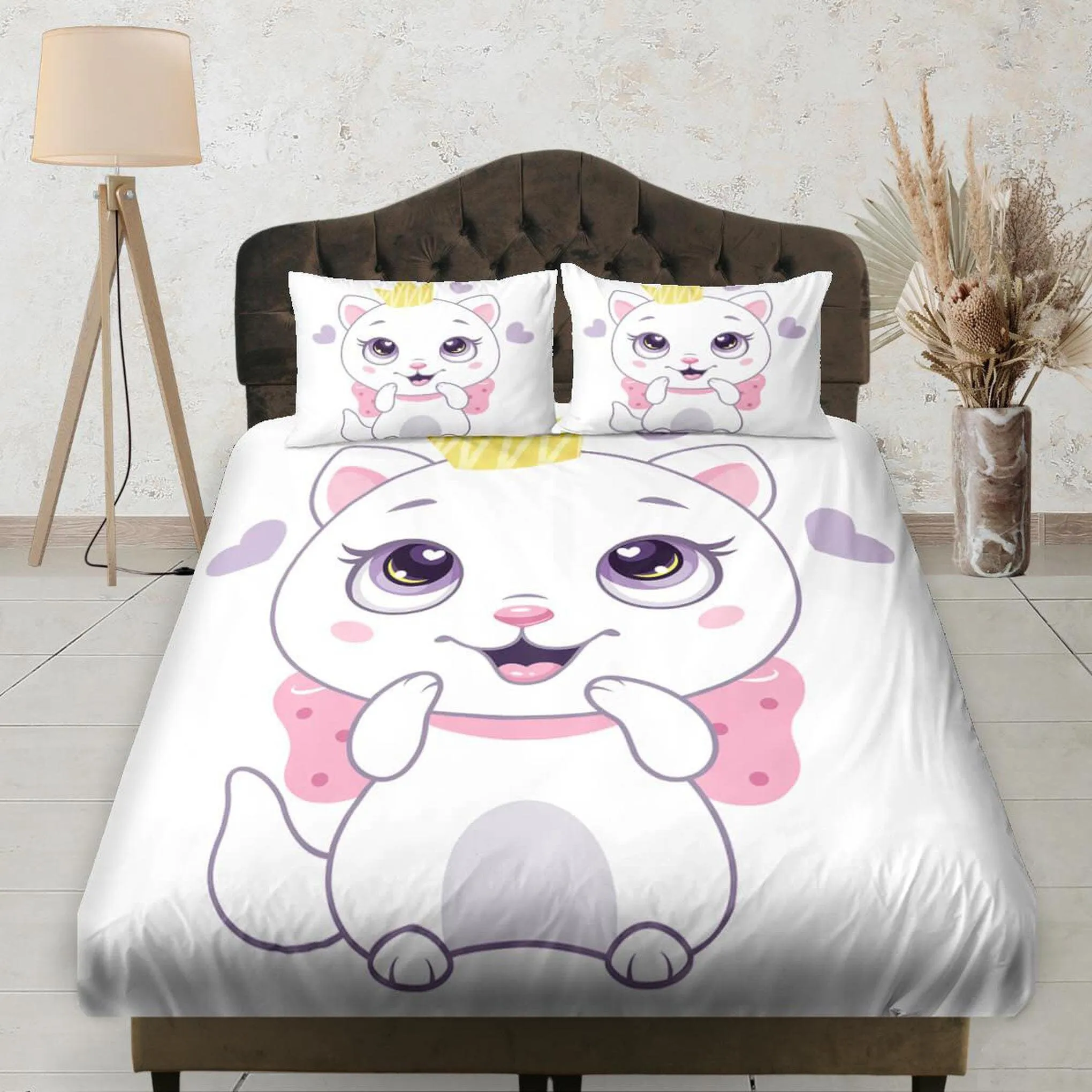 Cute Bubbly White Cat Fitted Sheet Deep Pocket, Aesthetic Bedding Set Full, Elastic Bedsheet, Dorm Bedding, Crib Sheet, Baby Girl Bedding