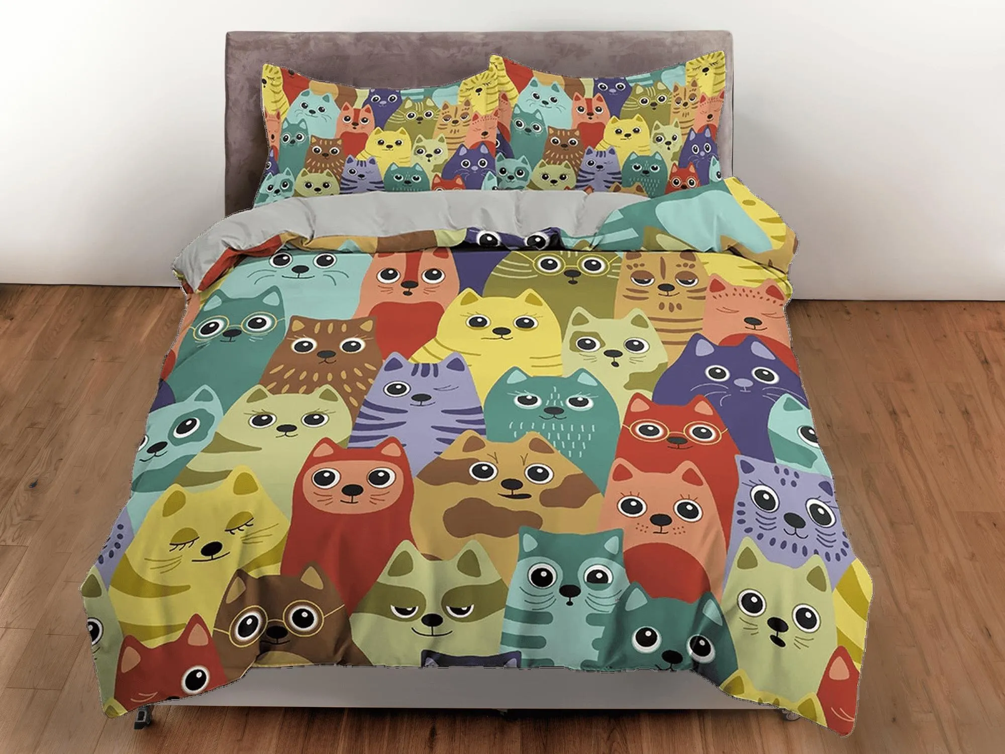 Cute colorful cats toddler bedding, unique duvet cover for nursery kids, crib bedding pillowcase, baby zipper bedding, king queen full twin