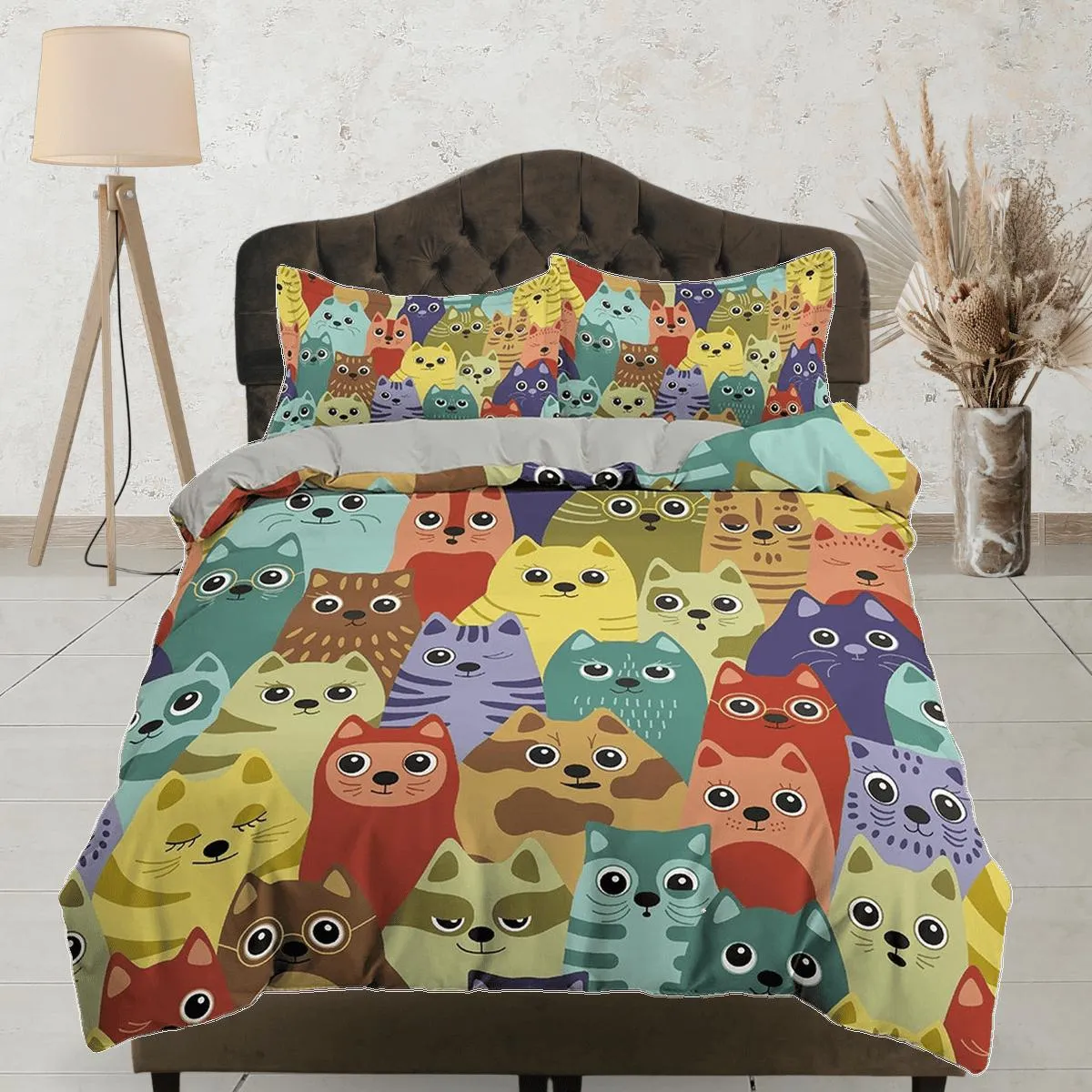 Cute colorful cats toddler bedding, unique duvet cover for nursery kids, crib bedding pillowcase, baby zipper bedding, king queen full twin