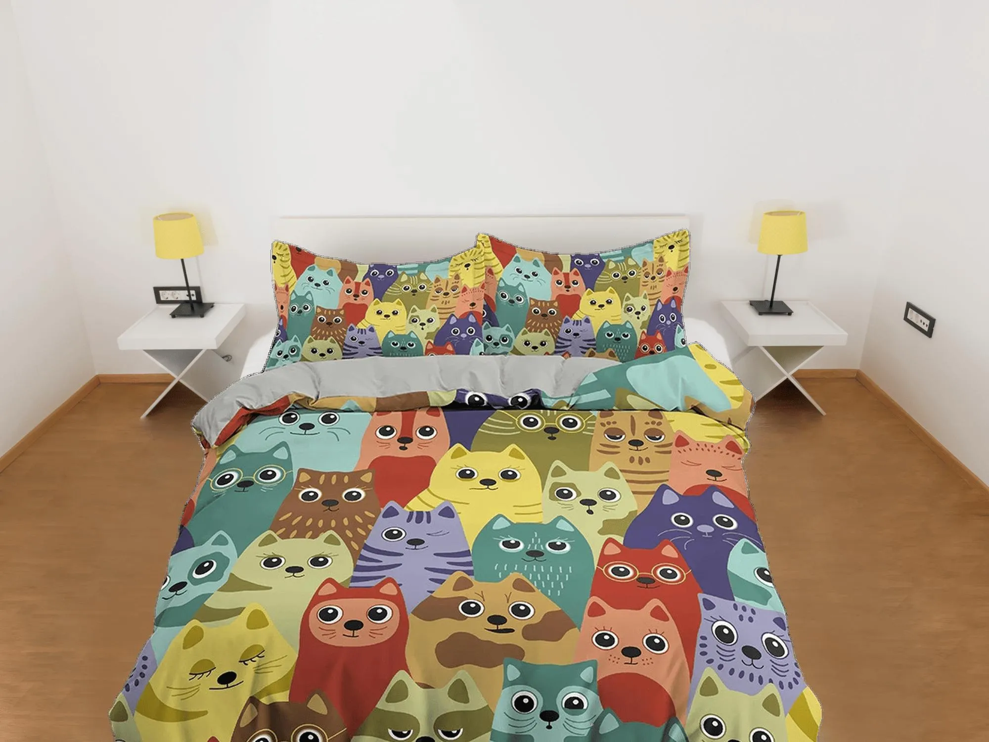 Cute colorful cats toddler bedding, unique duvet cover for nursery kids, crib bedding pillowcase, baby zipper bedding, king queen full twin