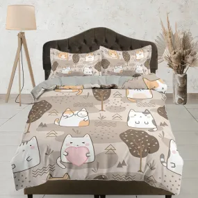 Cute fatty cats in brown bedding, unique duvet cover for nursery kids, crib bedding, baby zipper bedding, king queen full twin