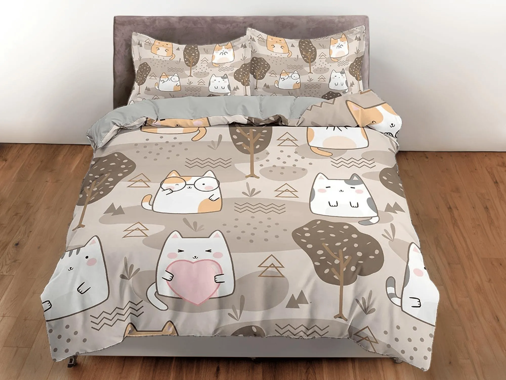 Cute fatty cats in brown bedding, unique duvet cover for nursery kids, crib bedding, baby zipper bedding, king queen full twin