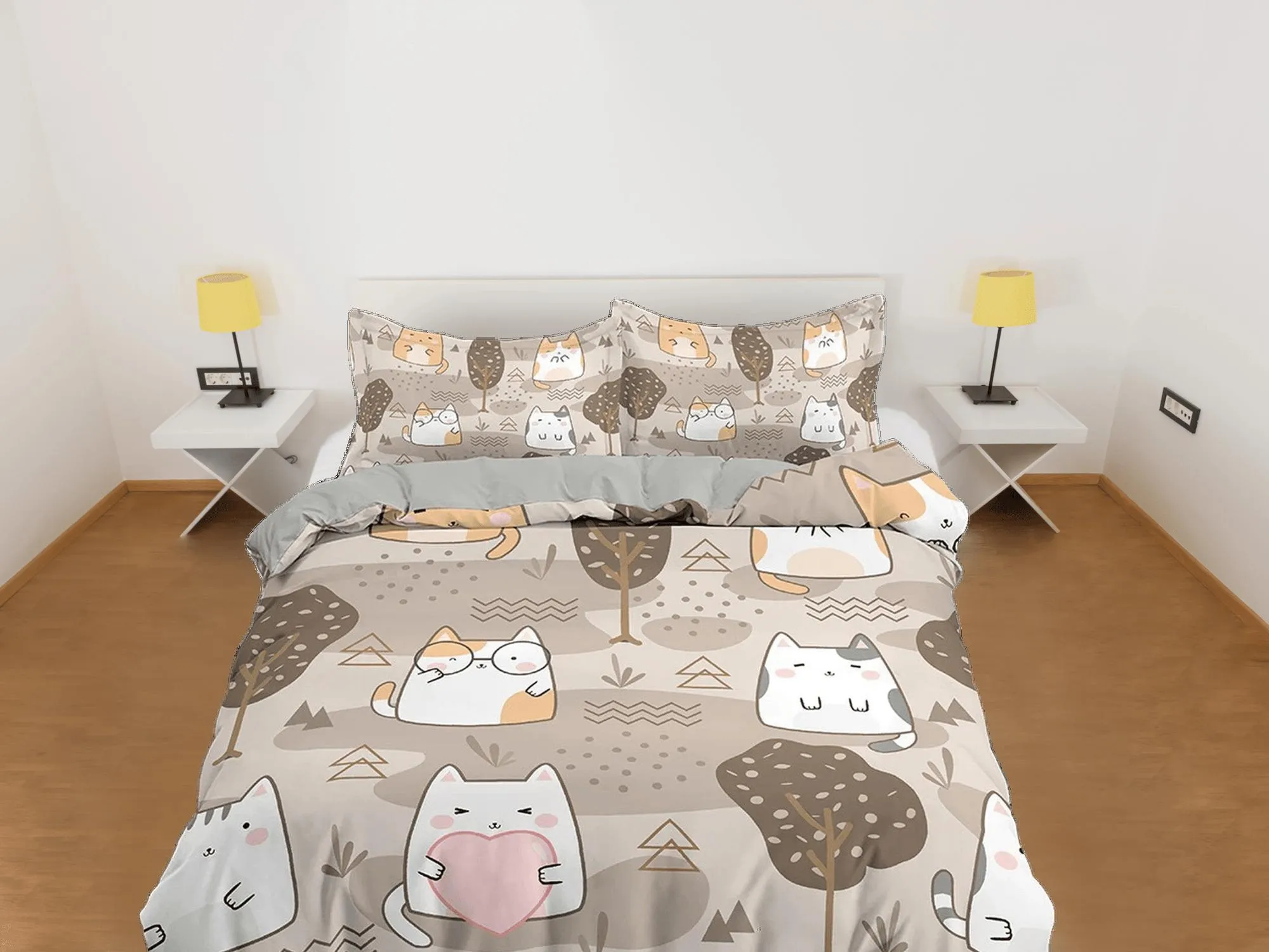 Cute fatty cats in brown bedding, unique duvet cover for nursery kids, crib bedding, baby zipper bedding, king queen full twin