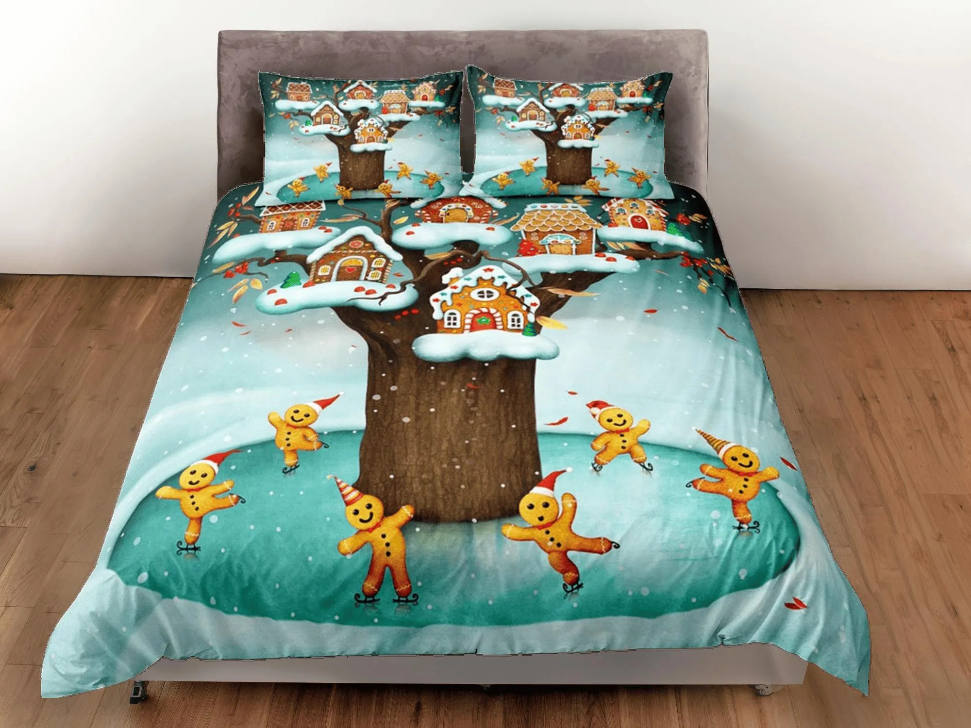 Cute gingerbread man winter duvet cover set christmas full size bedding & pillowcase, college bedding, crib toddler bedding, holiday gift