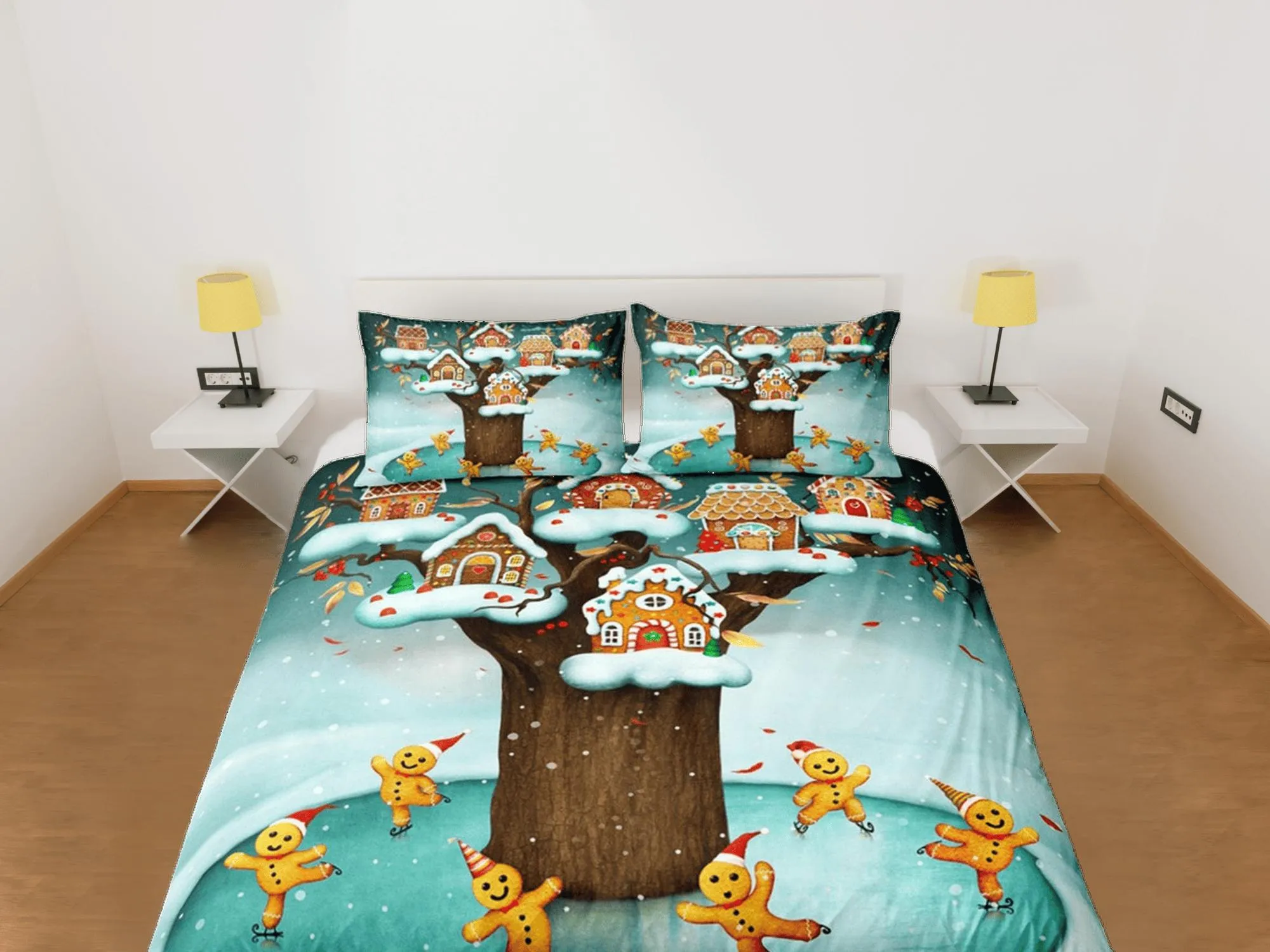 Cute gingerbread man winter duvet cover set christmas full size bedding & pillowcase, college bedding, crib toddler bedding, holiday gift