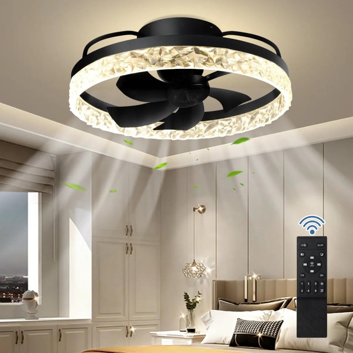 Depuley 20In Modern Flush Mount Ceiling Fan with Lights, LED Low Profile Bladeless 360° Rotation Ceiling Fan, Dimmable 3 Color 6 Speeds Smart Timing Fandelier for Bedroom Living Room Kitchen, Black