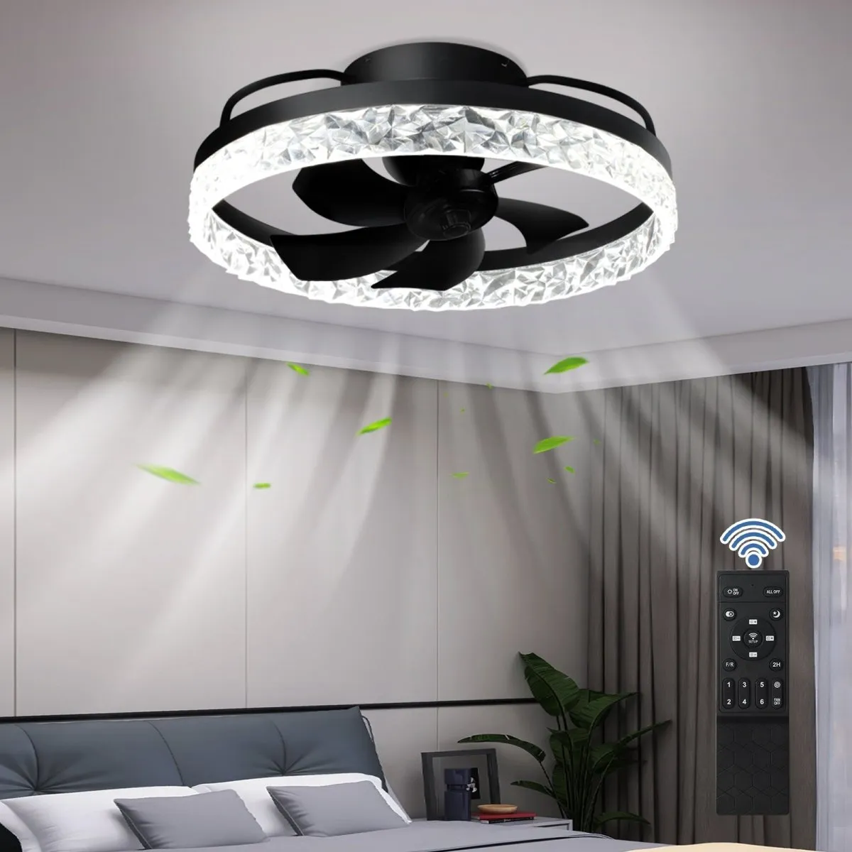 Depuley 20In Modern Flush Mount Ceiling Fan with Lights, LED Low Profile Bladeless 360° Rotation Ceiling Fan, Dimmable 3 Color 6 Speeds Smart Timing Fandelier for Bedroom Living Room Kitchen, Black