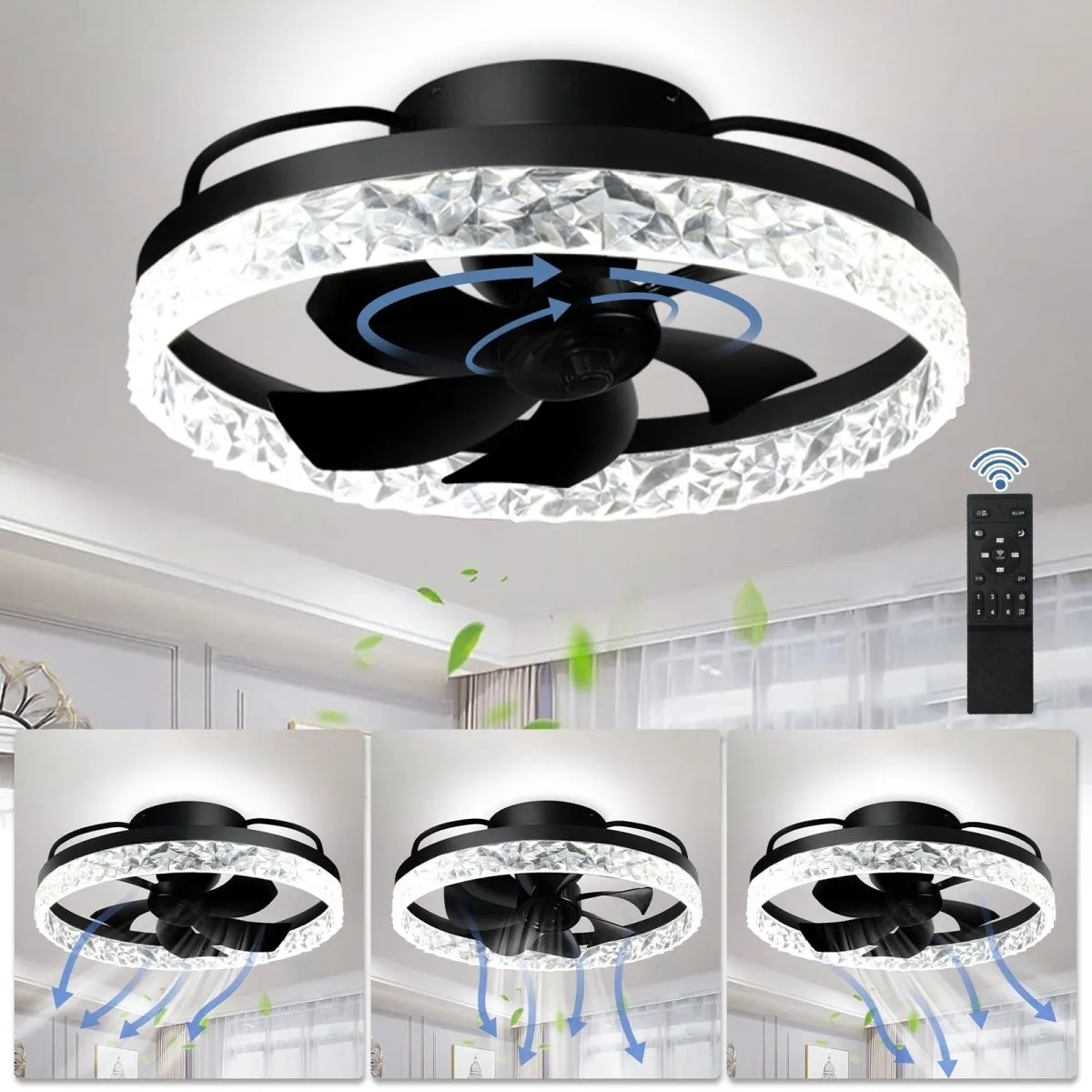 Depuley 20In Modern Flush Mount Ceiling Fan with Lights, LED Low Profile Bladeless 360° Rotation Ceiling Fan, Dimmable 3 Color 6 Speeds Smart Timing Fandelier for Bedroom Living Room Kitchen, Black