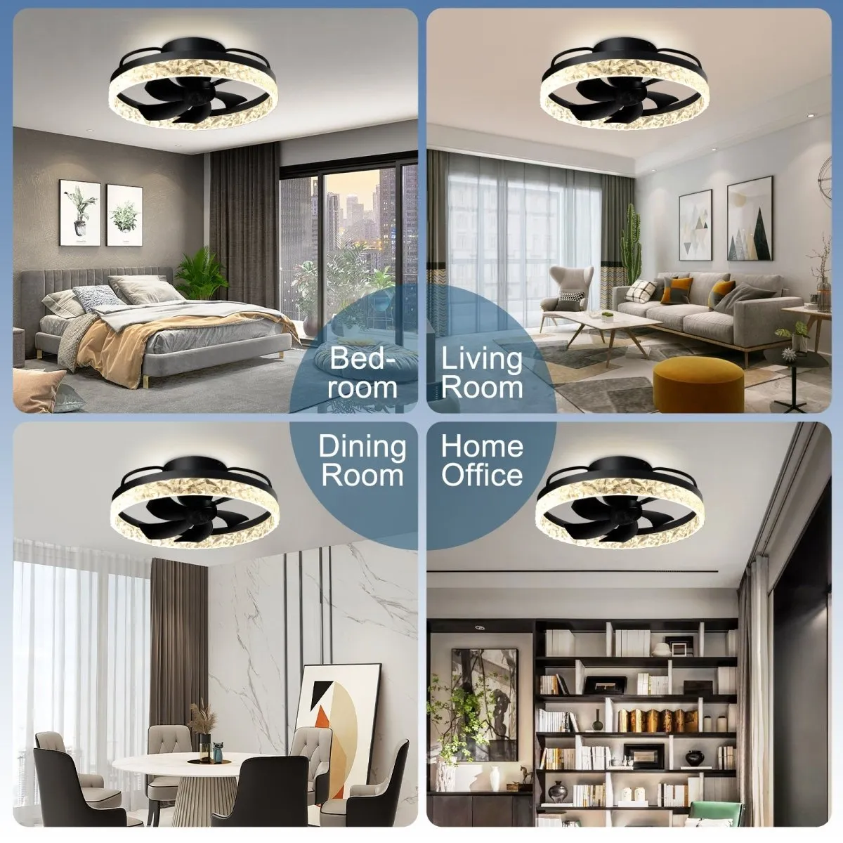 Depuley 20In Modern Flush Mount Ceiling Fan with Lights, LED Low Profile Bladeless 360° Rotation Ceiling Fan, Dimmable 3 Color 6 Speeds Smart Timing Fandelier for Bedroom Living Room Kitchen, Black