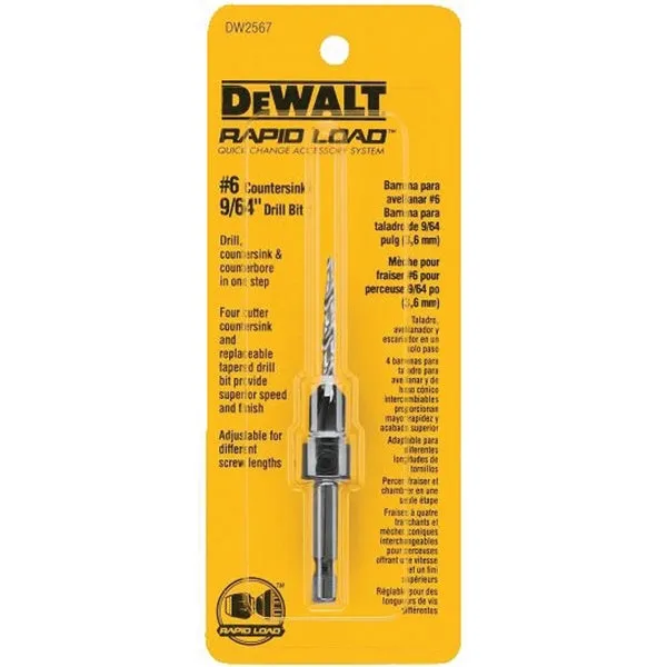 DeWALT DW2567 Drill Bit, 9/64 in Dia, 3 in OAL, Countersink, Spiral Flute, 4-Flute, 1/4 in Dia Shank, Hex Shank