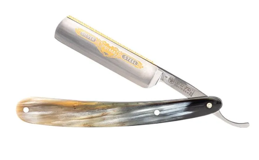 Dovo - "Prima" Silver Steel Straight Razor, African Cow Horn Handle, Round Point, 5/8"