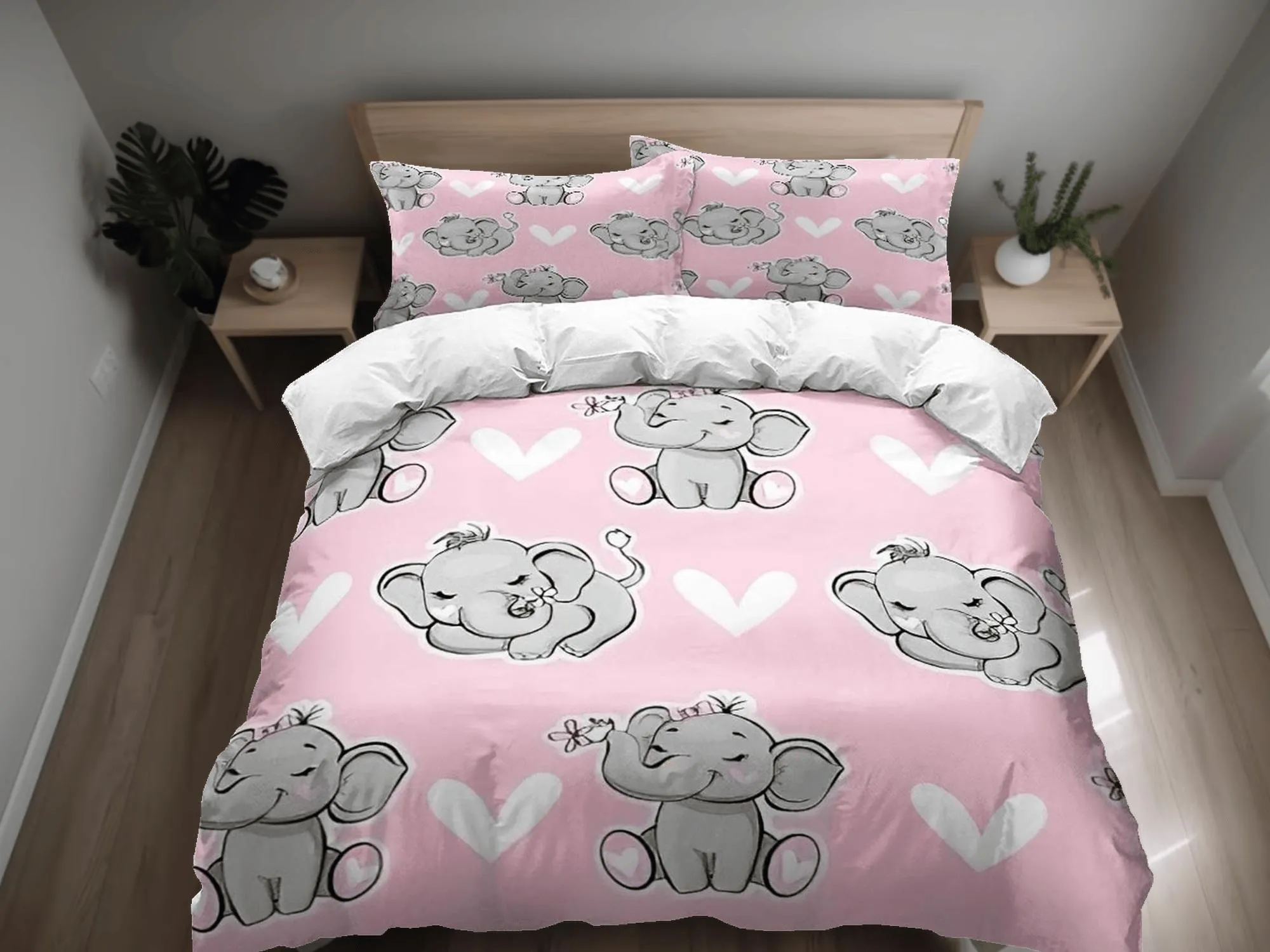 Elephant with hearts baby pink bedding cute duvet cover set, kids bedding full, nursery bed decor, elephant baby shower, toddler bedding