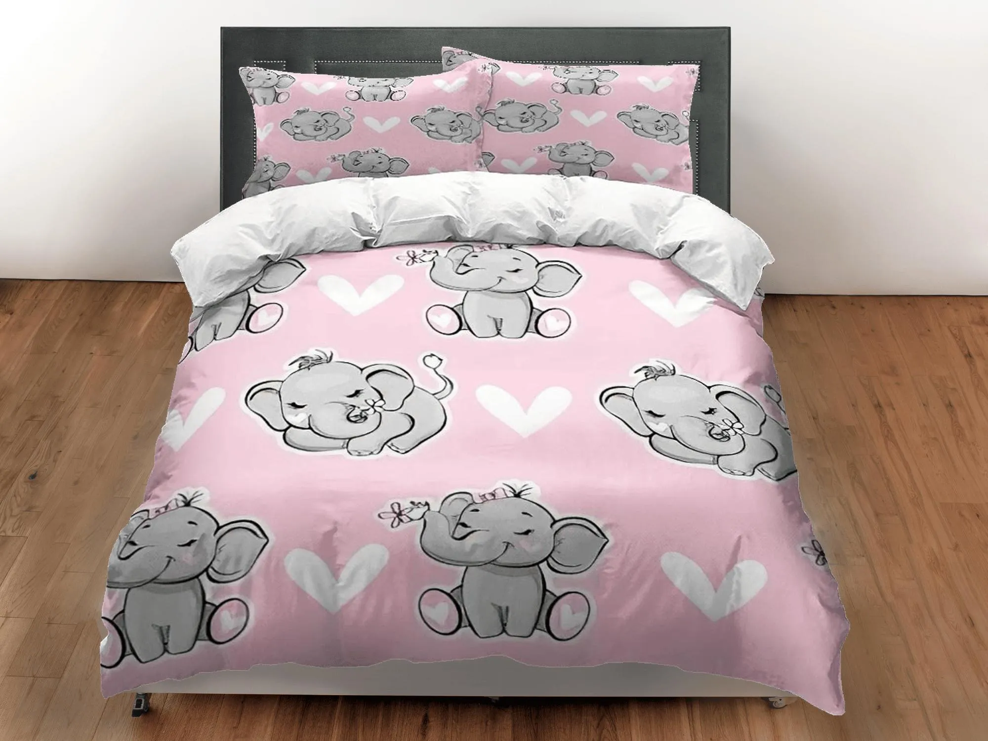 Elephant with hearts baby pink bedding cute duvet cover set, kids bedding full, nursery bed decor, elephant baby shower, toddler bedding