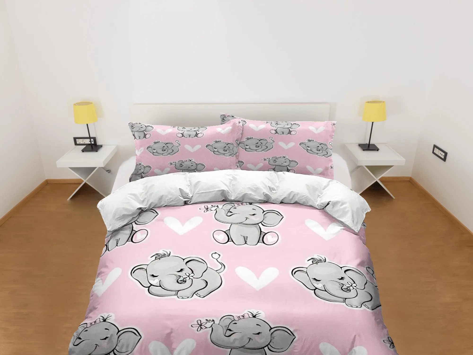 Elephant with hearts baby pink bedding cute duvet cover set, kids bedding full, nursery bed decor, elephant baby shower, toddler bedding