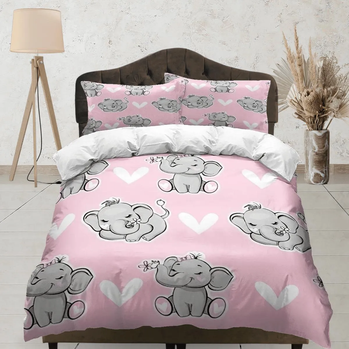 Elephant with hearts baby pink bedding cute duvet cover set, kids bedding full, nursery bed decor, elephant baby shower, toddler bedding